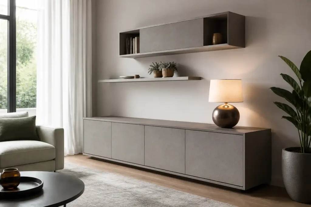 Wohnzimmer-Sideboard mit hellgrauen Fronten und ruhig durchlaufender Kantenlinie