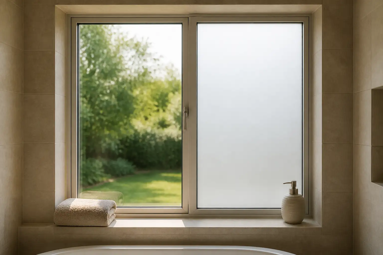 Badfenster mit zwei Scheiben: links klares Glas mit Blick in den Garten, rechts matt satinierte Fläche