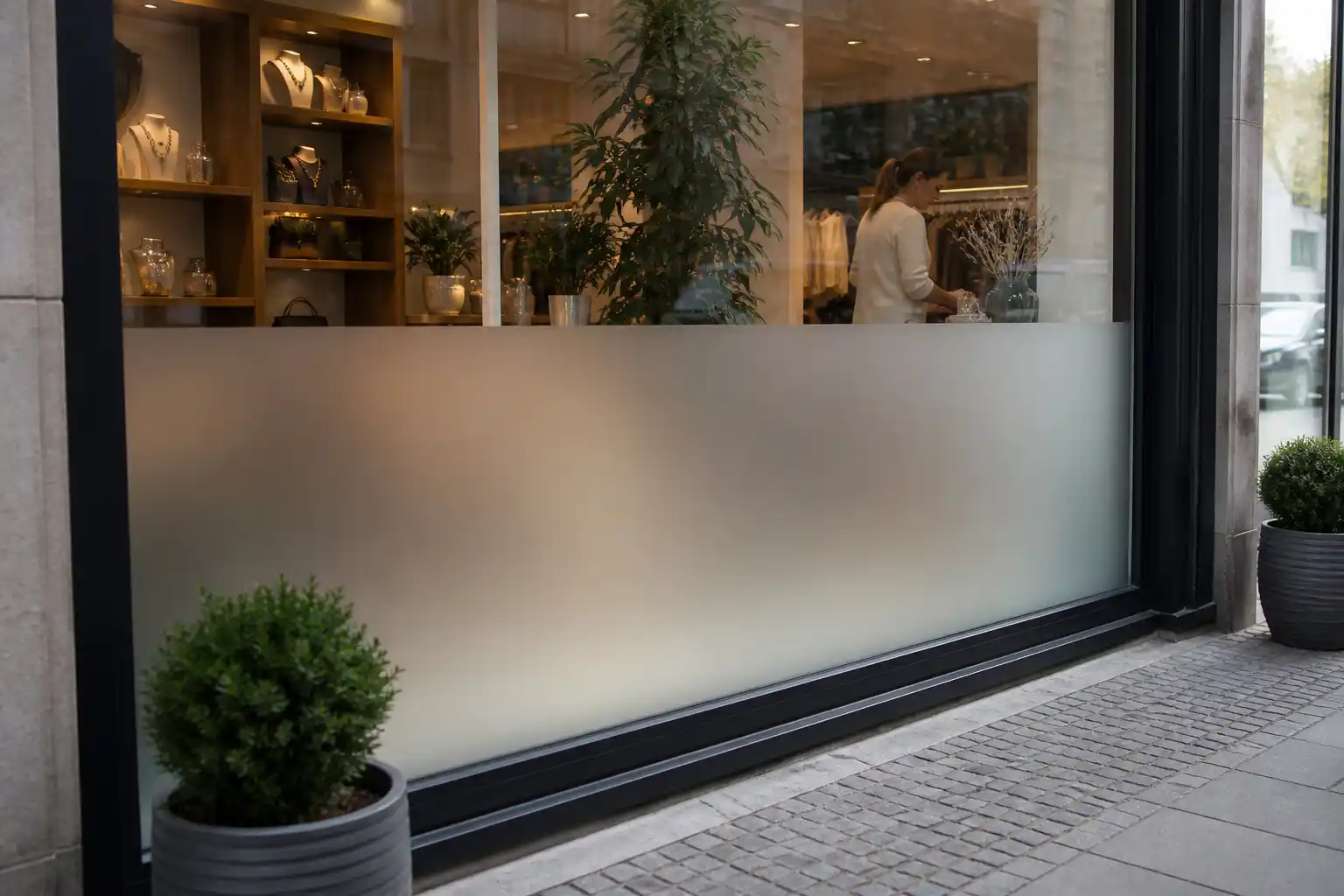 Schaufenster einer Boutique von außen: unterer Scheibenbereich mattiert, darüber freier Blick auf beleuchtete Auslagen