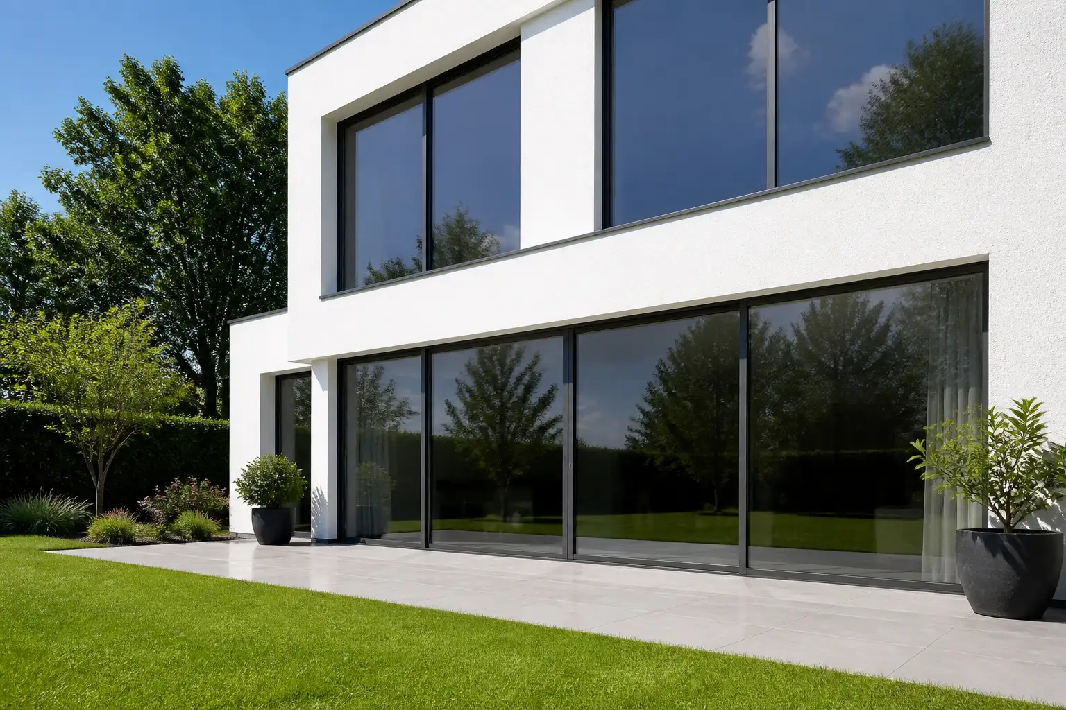 Bodentiefe Fenster an der Gartenfassade eines Neubaus, die Scheiben spiegeln durch die außen verklebte Sonnenschutzfolie leicht
