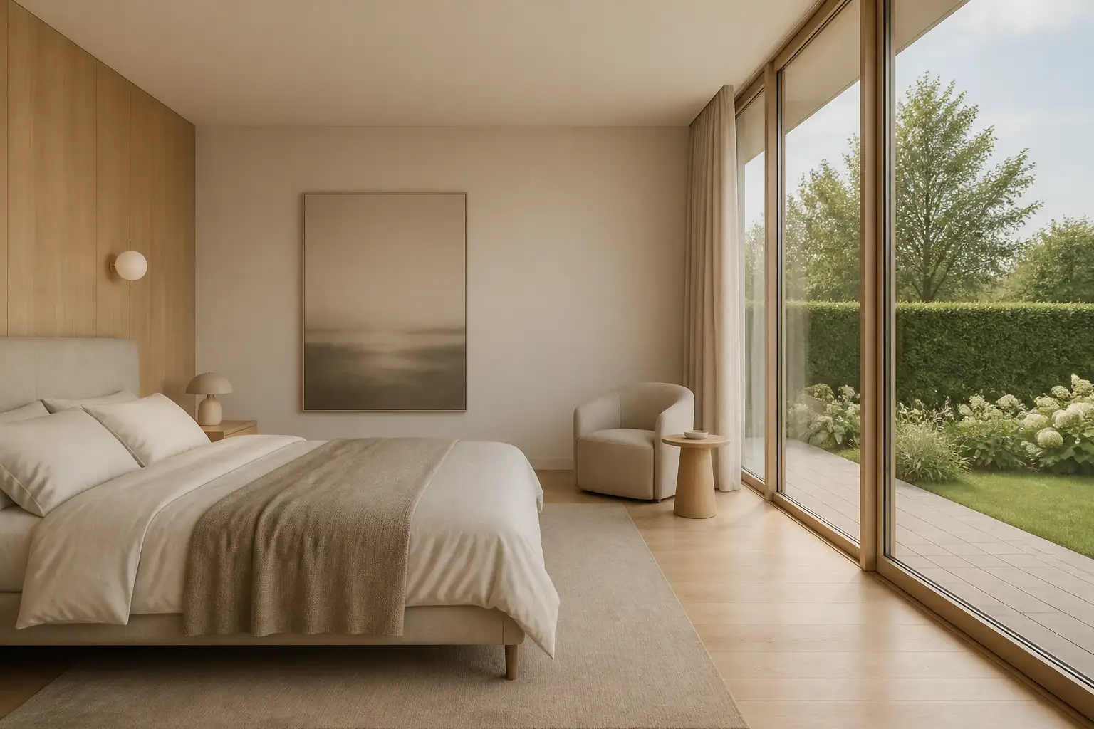 Schlafzimmer im Neubau mit bodentiefem Fensterelement und gleichmäßigem Tageslicht