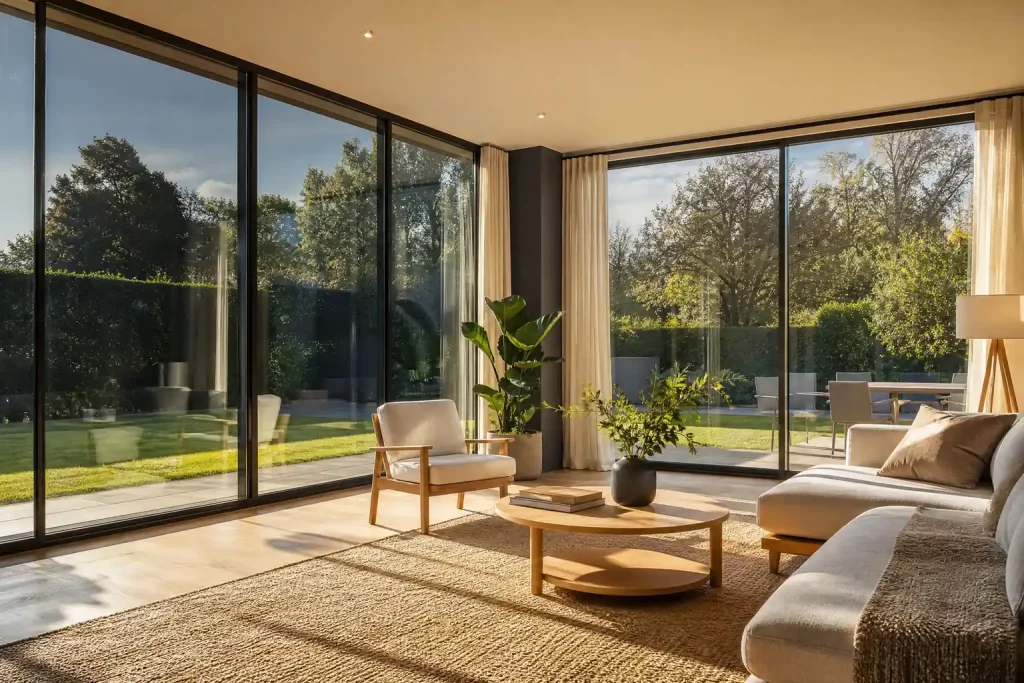 Wohnzimmer eines Neubaus mit bodentiefen Fensterfronten und Blick in den Garten