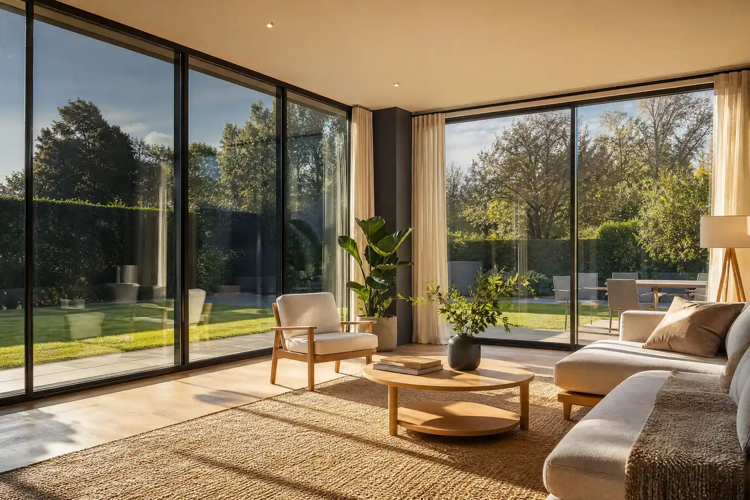 Wohnzimmer eines Neubaus mit bodentiefen Fensterfronten und Blick in den Garten