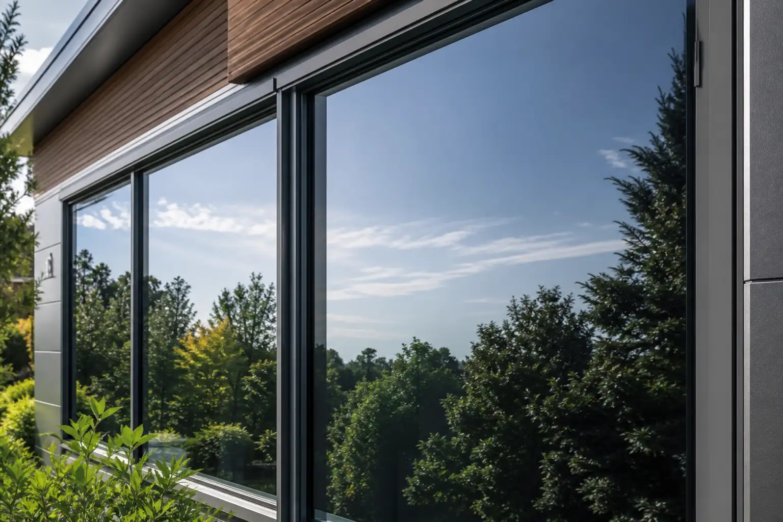 Nahaufnahme einer verspiegelten Sonnenschutz-Außenfolie auf Isolierglas