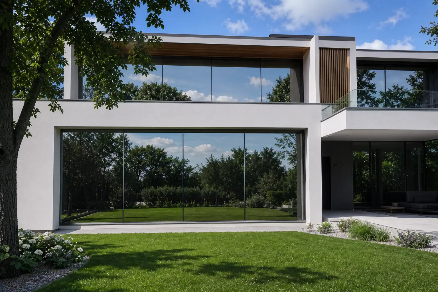 Modernes Einfamilienhaus mit großen dreifachverglasten Fenstern und Sonnenschutzfolie
