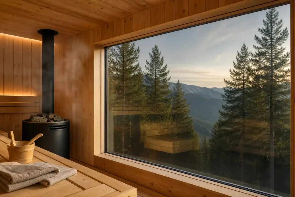 Panoramafenster einer Holzsauna mit Blick auf Wald und Berge im Abendlicht