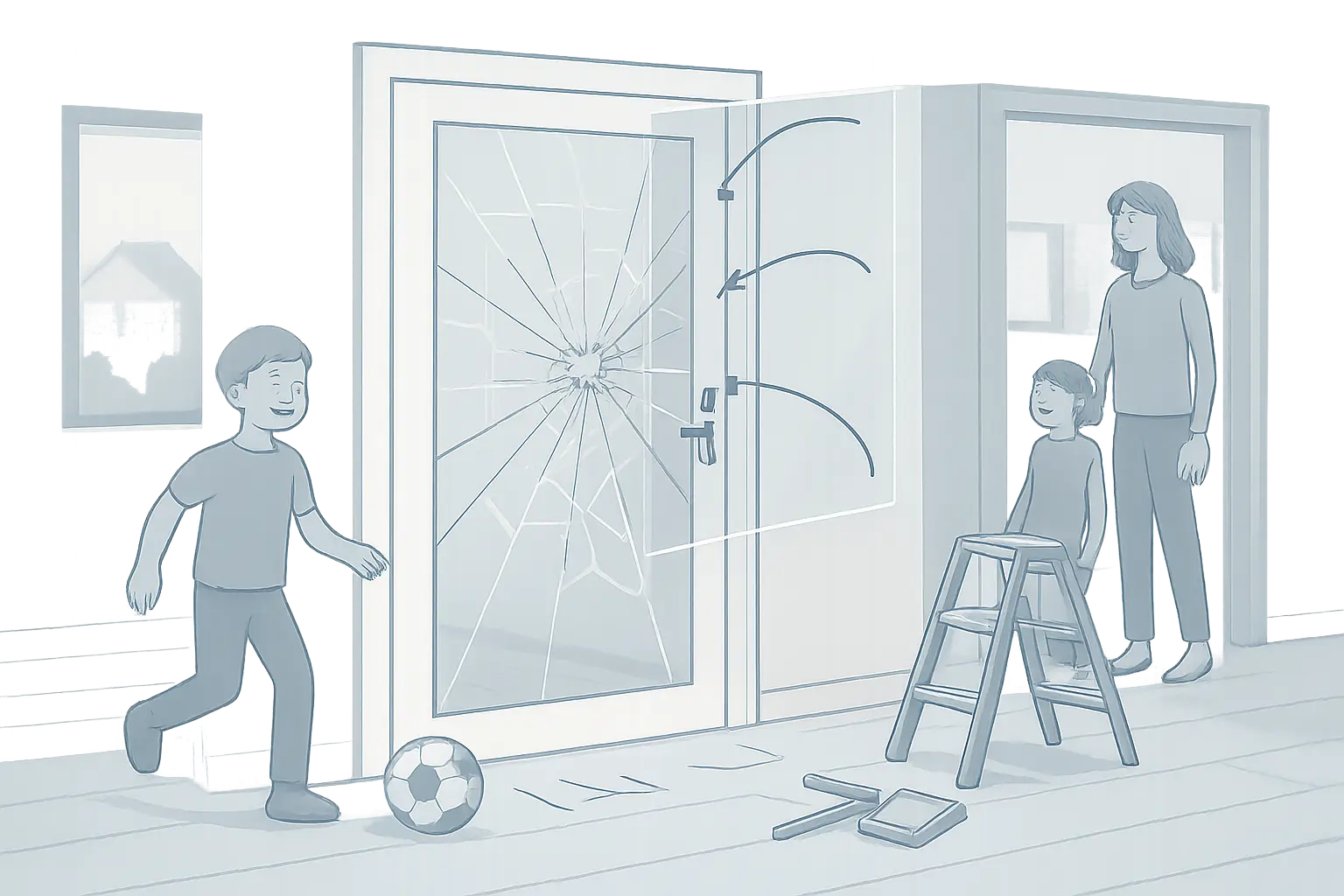 Illustration einer gesprungenen Glastür im Wohnbereich mit Fußball davor, daneben Familie und Trittleiter
