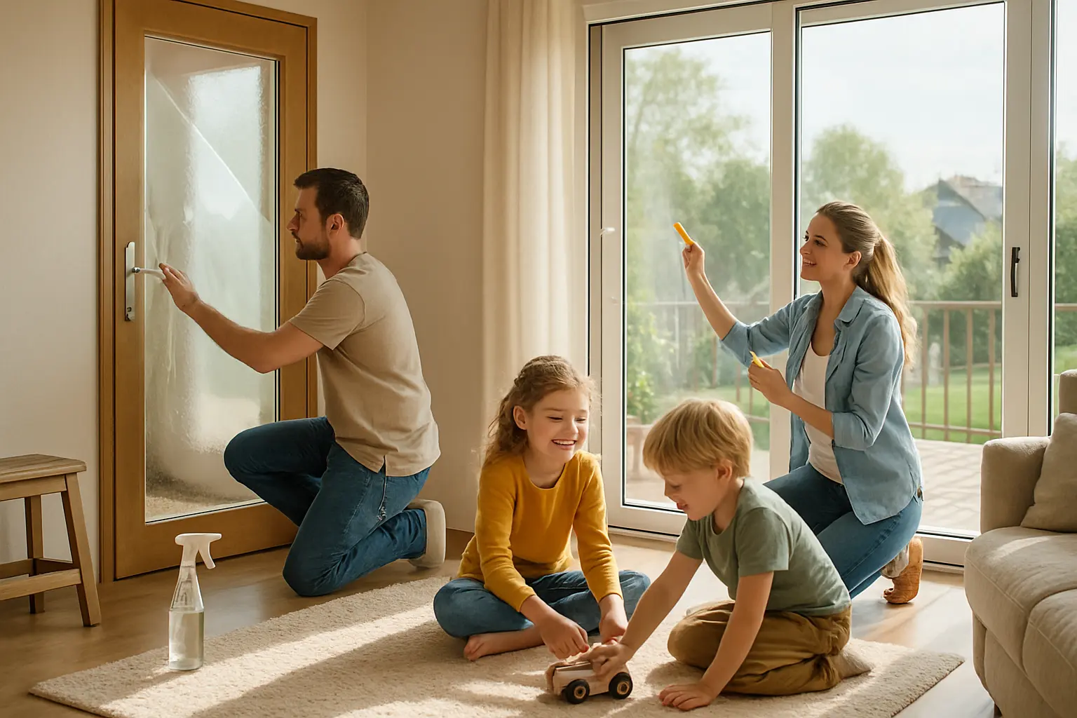 Mann bringt Splitterschutzfolie an einer Glastür an, Familie im Wohnzimmer im Hintergrund