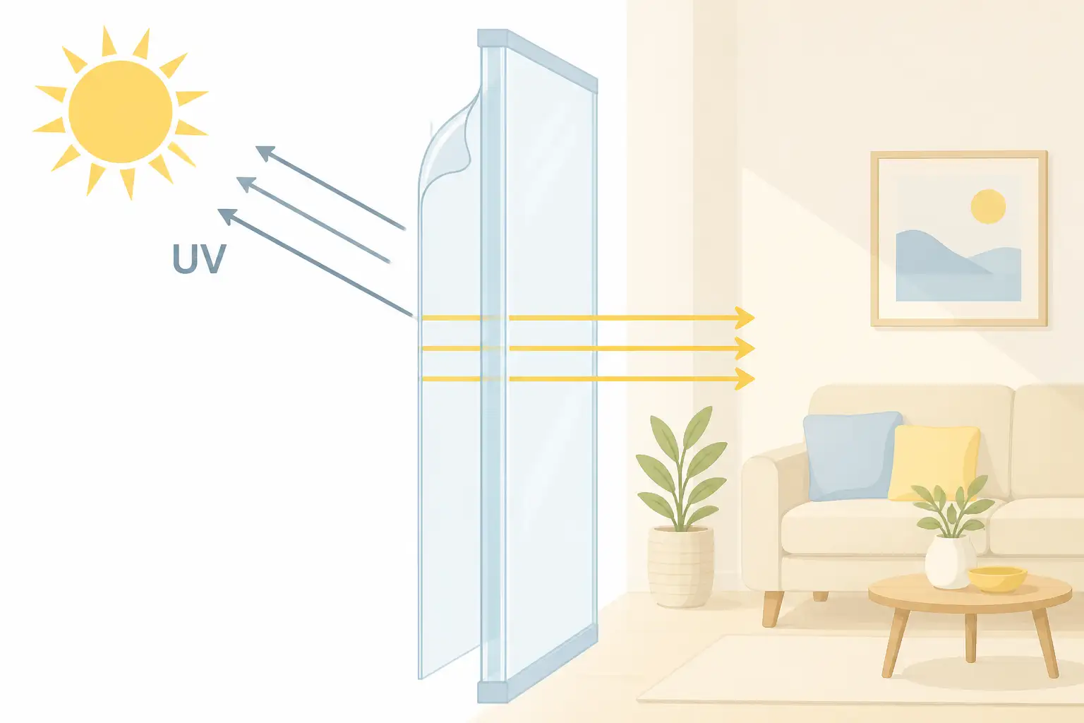 Schnittzeichnung: UV-Schutzfolie auf der Außenseite der Scheibe reflektiert die UV-Strahlung, sichtbares Licht gelangt weiter in den Raum