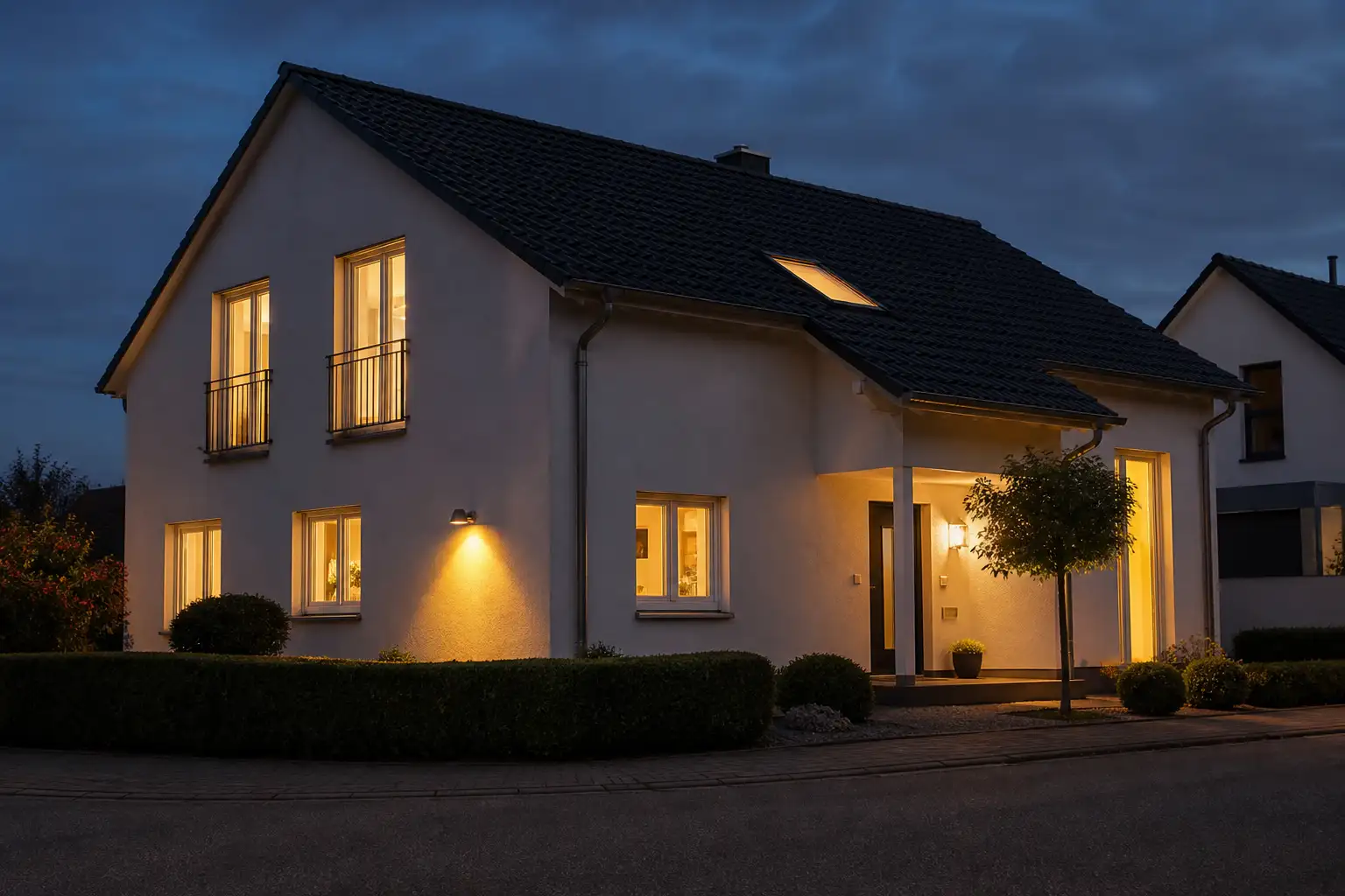 Hausfassade in der Dämmerung mit von innen beleuchteten Fenstern und einer Außenleuchte an der Wand