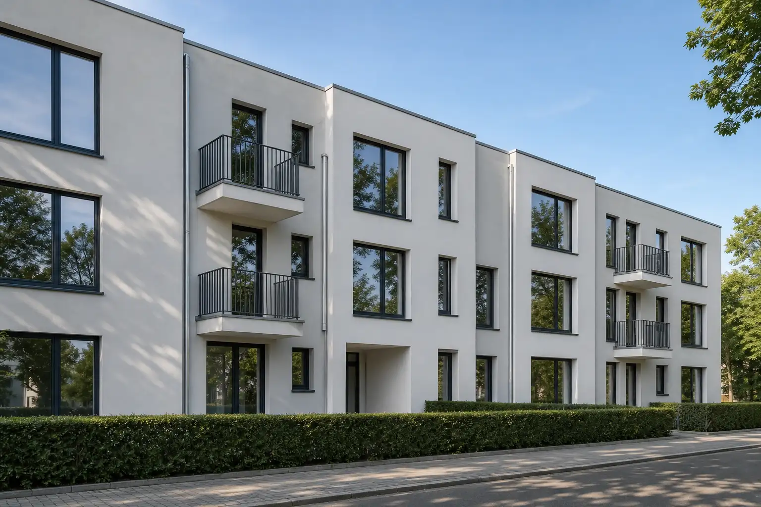Wohnhausfassade bei Tageslicht, deren Fenster Himmel und Bäume spiegeln