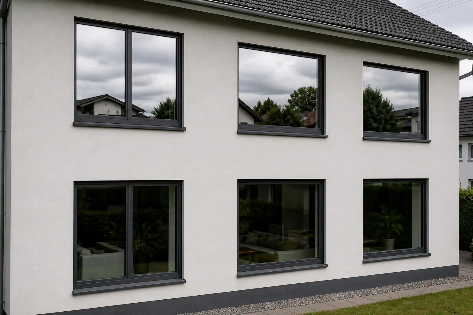Hausfassade, deren obere Fenster den Himmel spiegeln, während die unteren den Blick in den Raum freigeben
