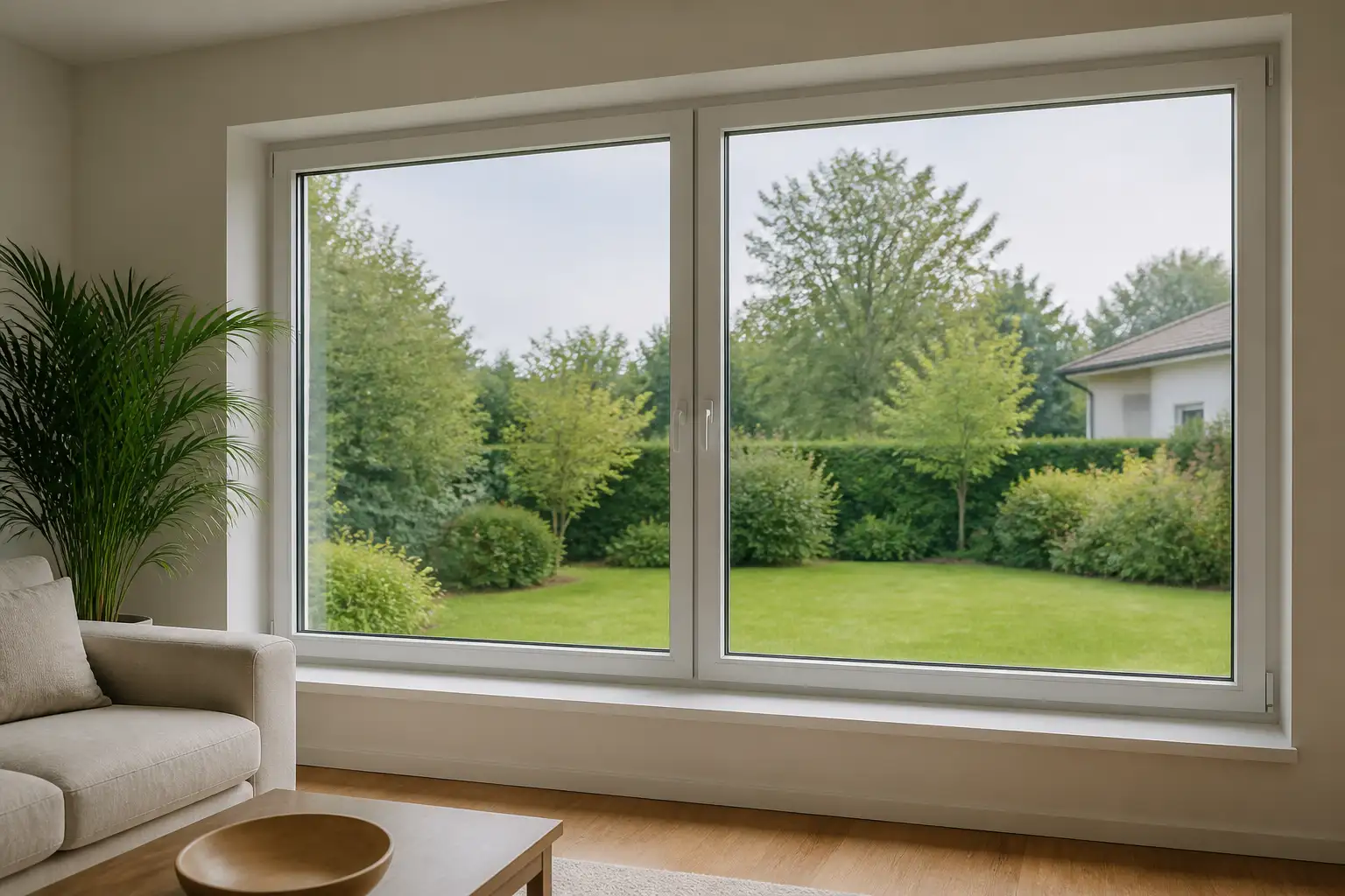 Blick aus einem hellen Wohnzimmer durch ein Isolierglasfenster in den Garten
