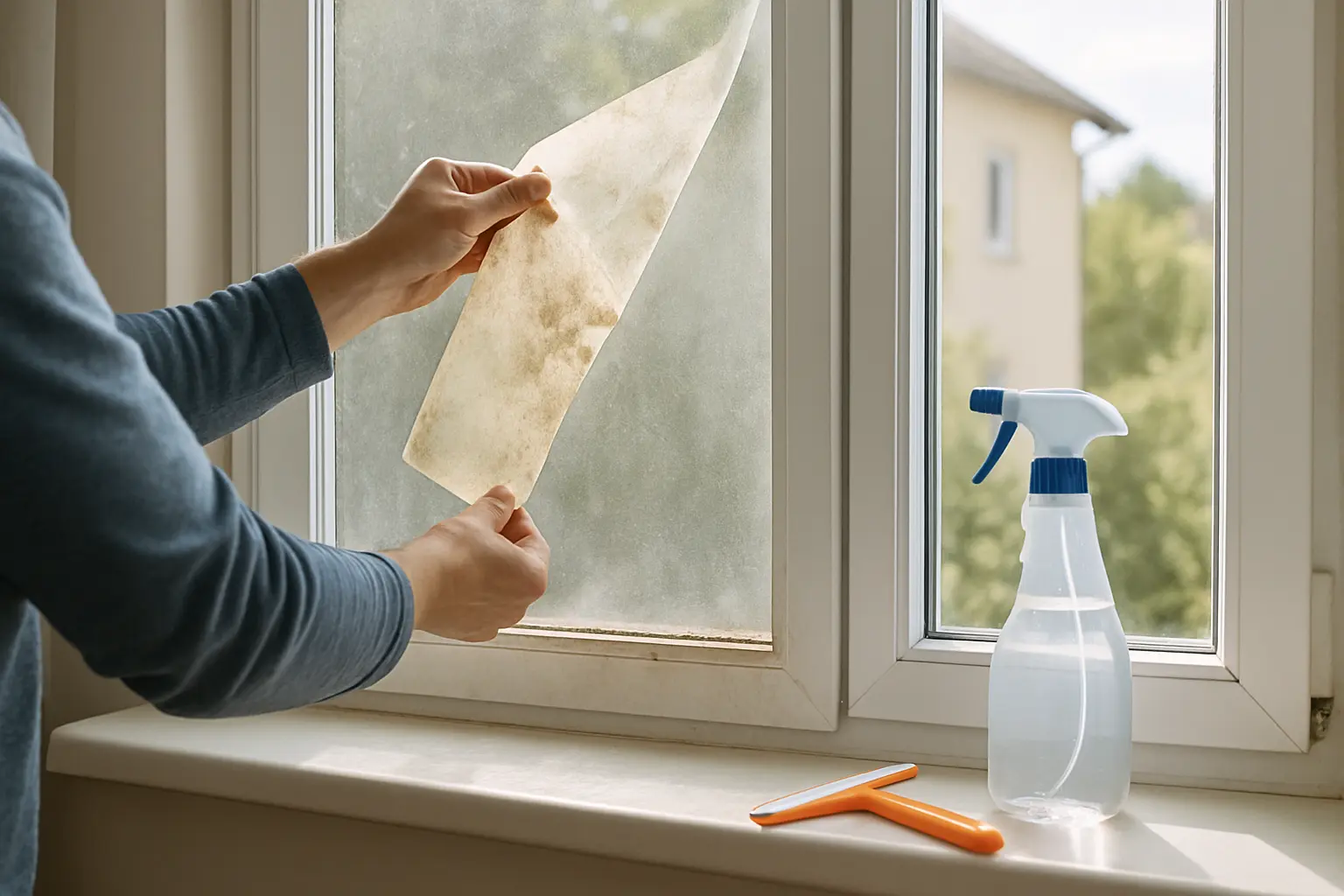 Vergilbte Fensterfolie wird von einer milchigen Glasscheibe abgezogen, Rakel und Sprühflasche liegen bereit