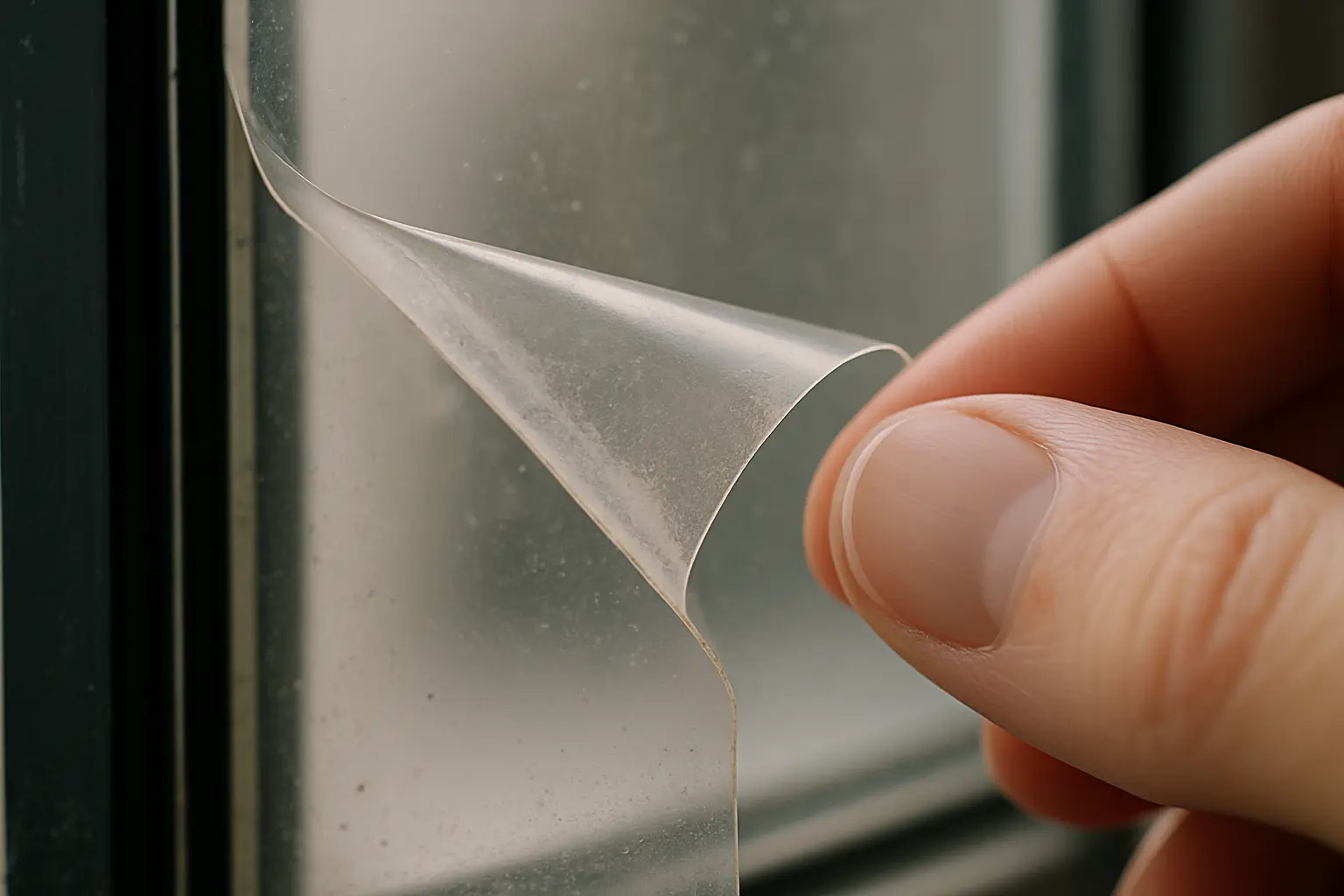 Nahaufnahme: durchsichtige Fensterfolie wird mit den Fingern vorsichtig von der Glasscheibe gelöst