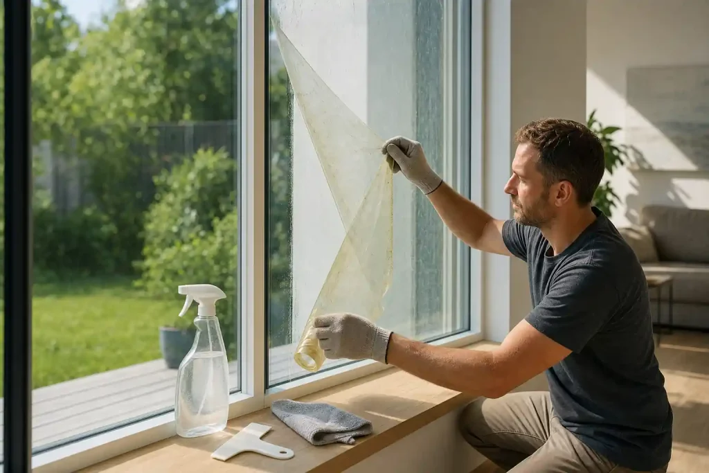Mann in Arbeitshandschuhen zieht eine vergilbte Fensterfolie vorsichtig vom Fenster ab, Sprühflasche und Tuch liegen bereit