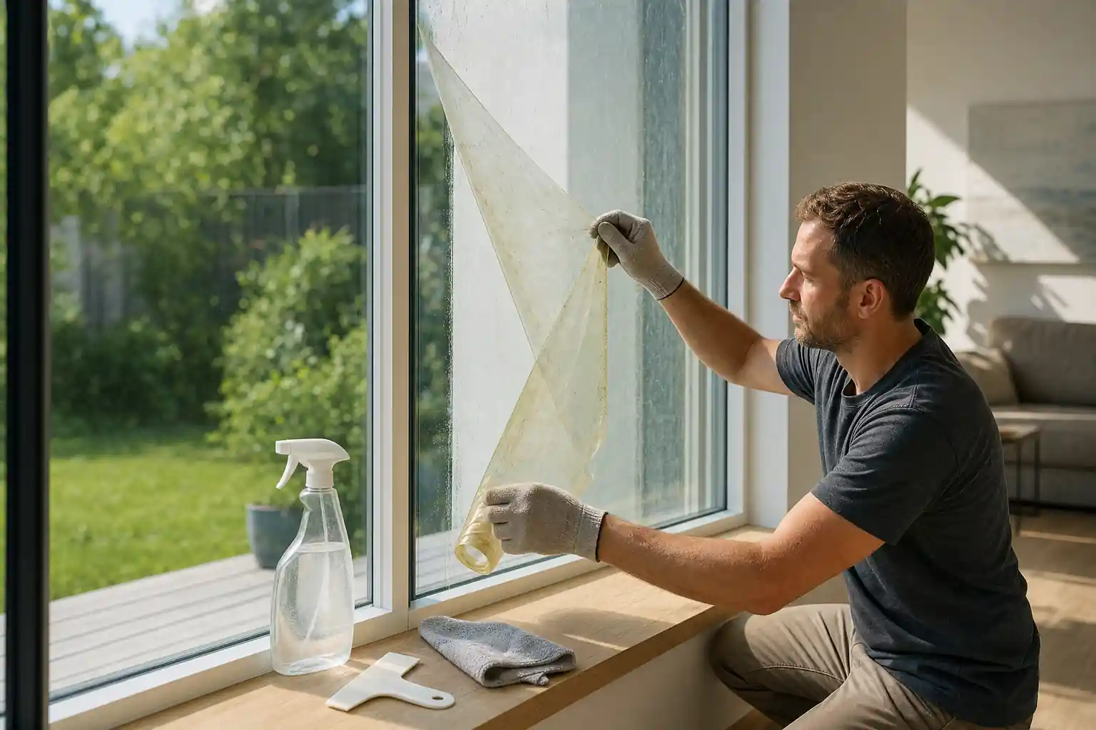 Mann in Arbeitshandschuhen zieht eine vergilbte Fensterfolie vorsichtig vom Fenster ab, Sprühflasche und Tuch liegen bereit