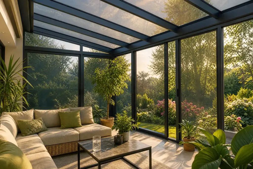 Wintergarten mit getöntem Glasdach und gemütlicher Sitzecke an einem sonnigen Sommertag