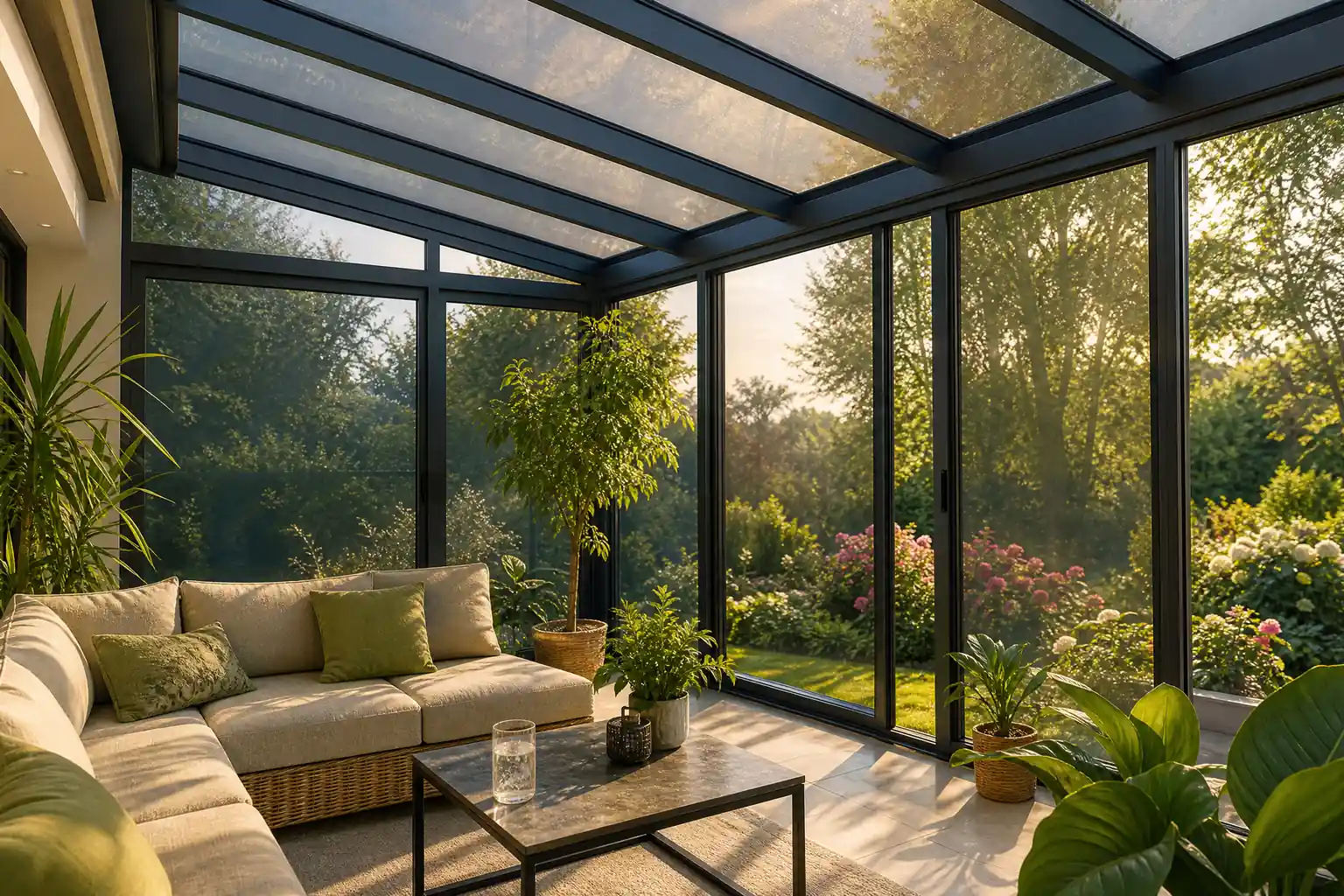 Wintergarten mit getöntem Glasdach und gemütlicher Sitzecke an einem sonnigen Sommertag