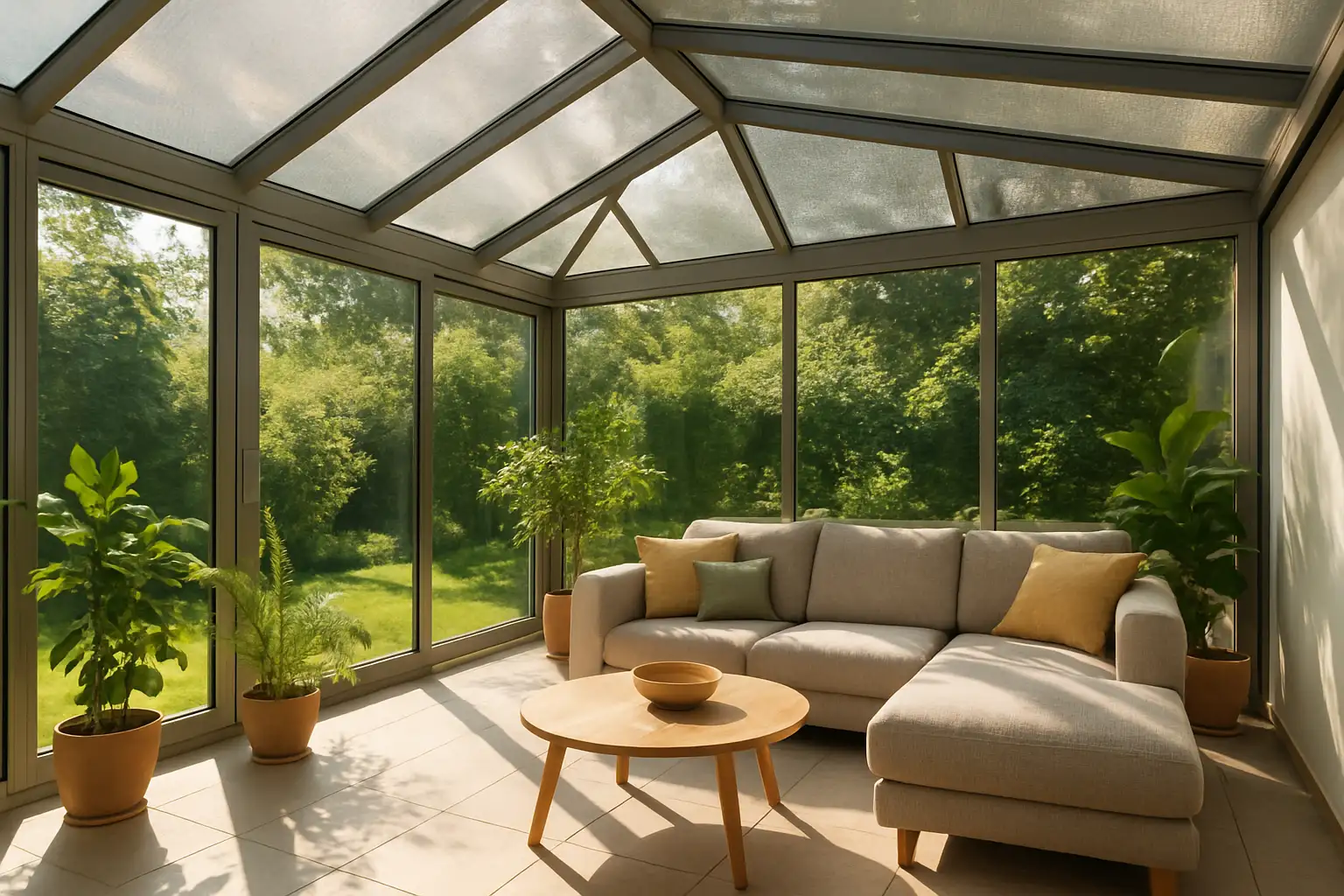Kühl gehaltener Wintergarten mit Sitzecke und Pflanzen an einem sonnigen Sommertag dank Sonnenschutzfolie