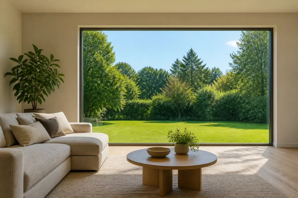 Sonniges Wohnzimmer mit großer Fensterfront und Blick in einen grünen Garten an einem heißen Sommertag