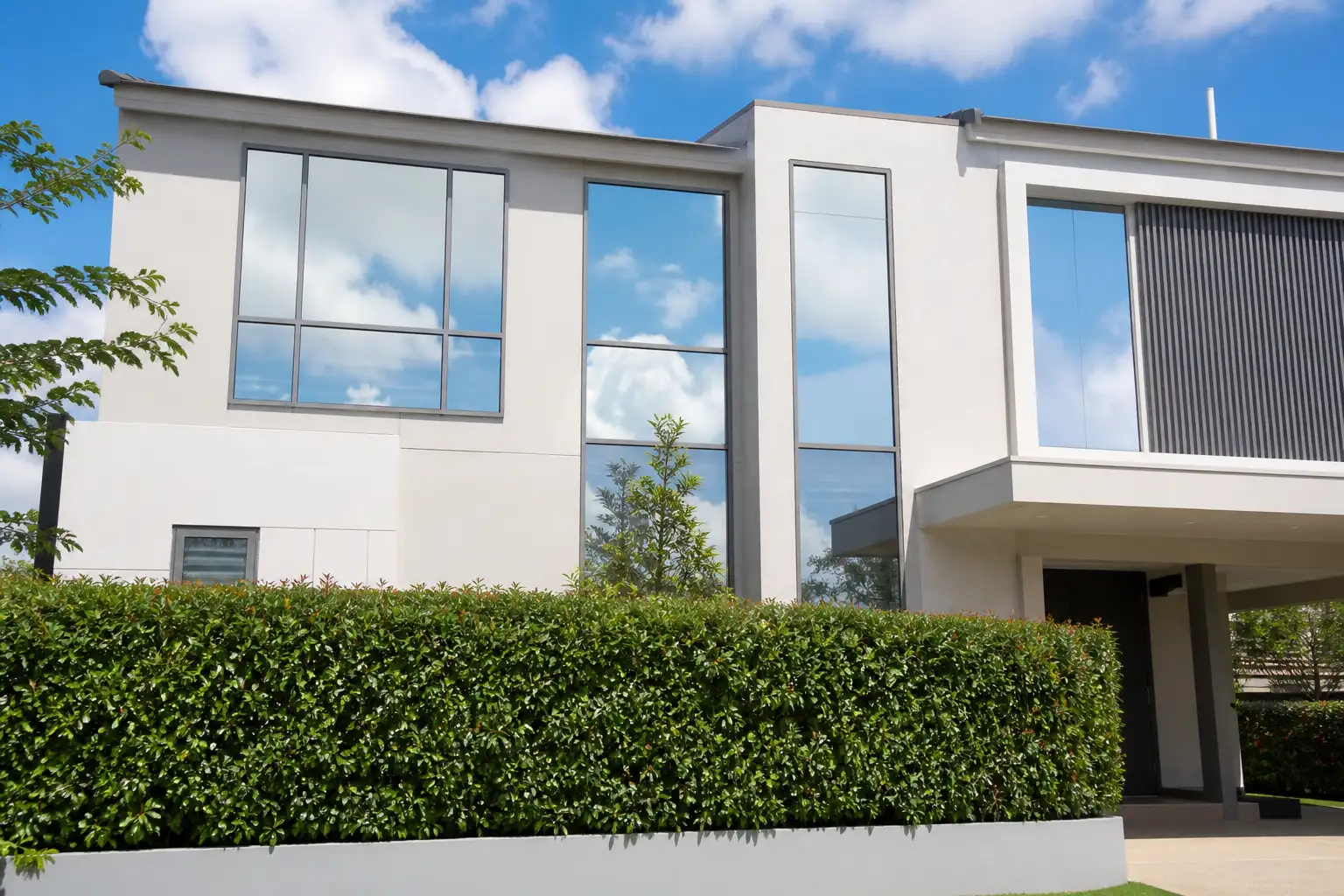 Hausfassade mit außen verspiegelten Fenstern, in denen sich der Sommerhimmel spiegelt