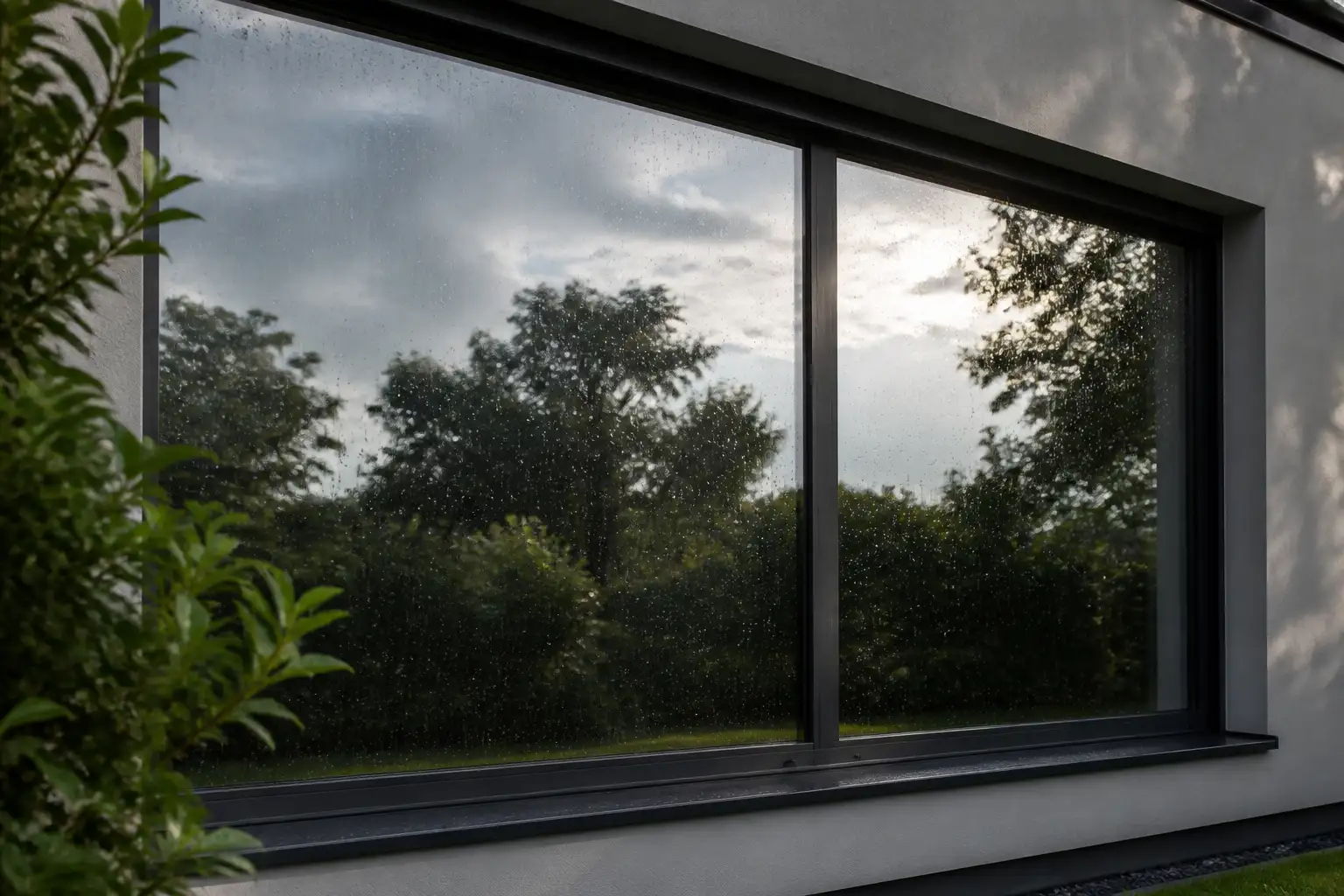 Große Fensterscheibe mit verspiegelter Außenfolie nach einem Regenschauer, Regentropfen perlen auf der Scheibe ab