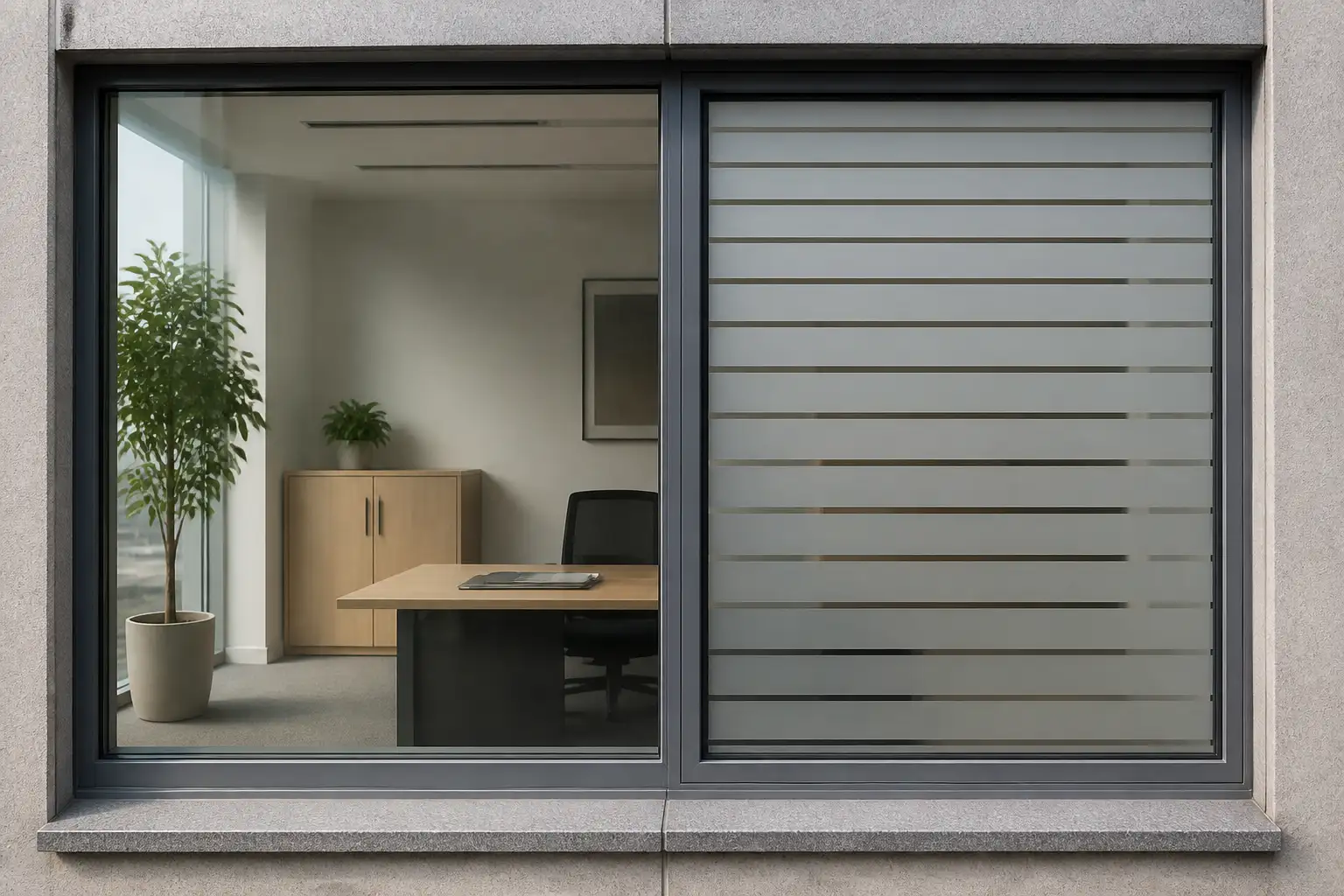 Bürofenster von außen: links eine blanke Scheibe, rechts eine Scheibe mit fertig verklebter Streifenfolie