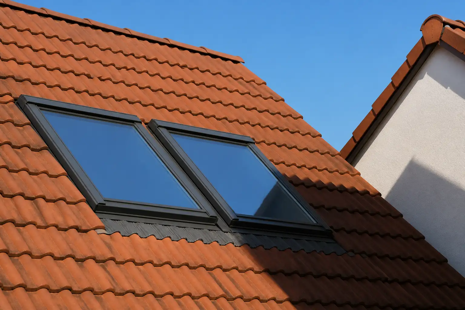 Zwei Dachfenster in einem Ziegeldach unter blauem Himmel, die Schrägverglasung liegt in der vollen Mittagssonne