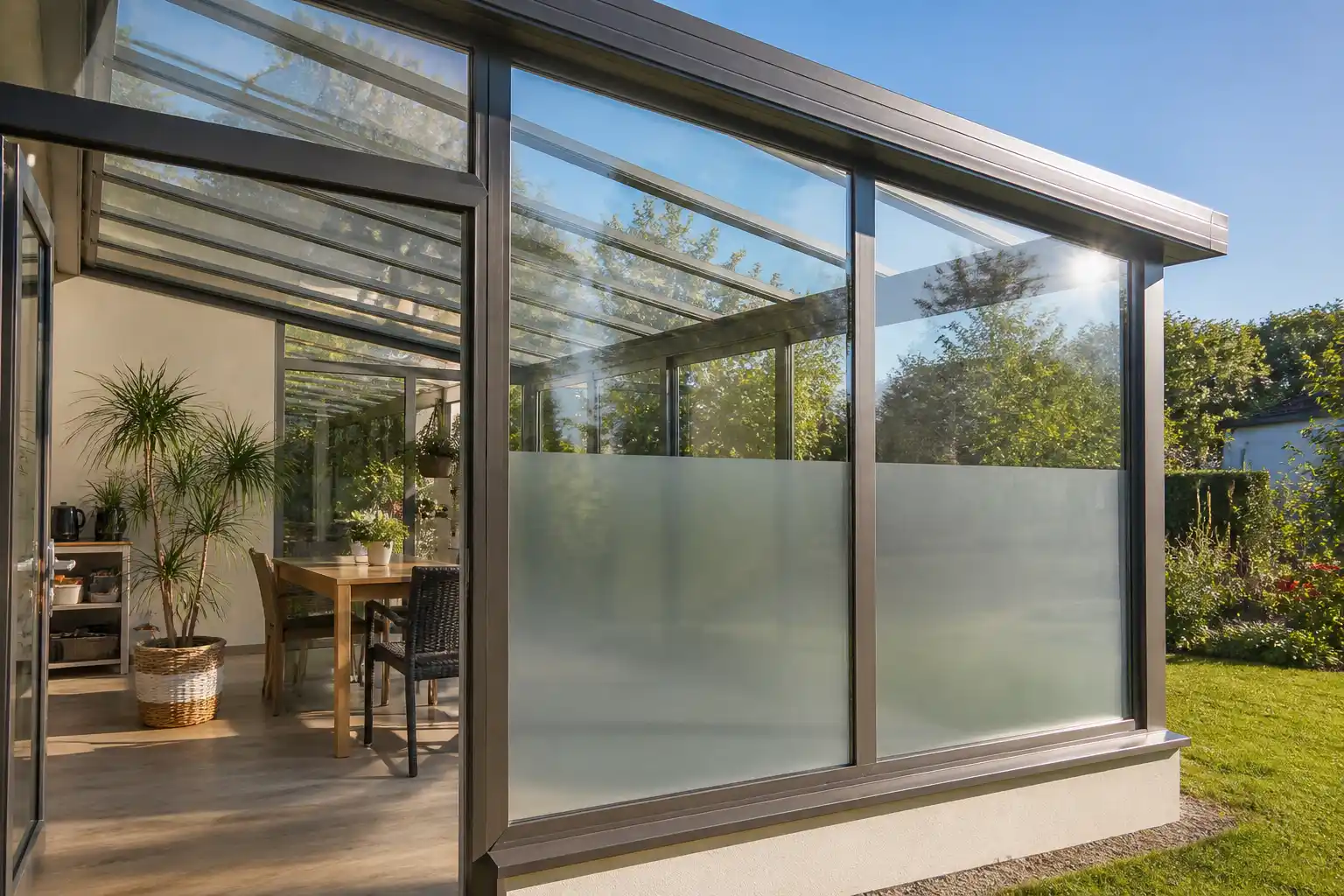 Wintergarten mit Aluminiumrahmen, untere Scheibenhälfte mit satinierter Sichtschutzfolie in Milchglasoptik