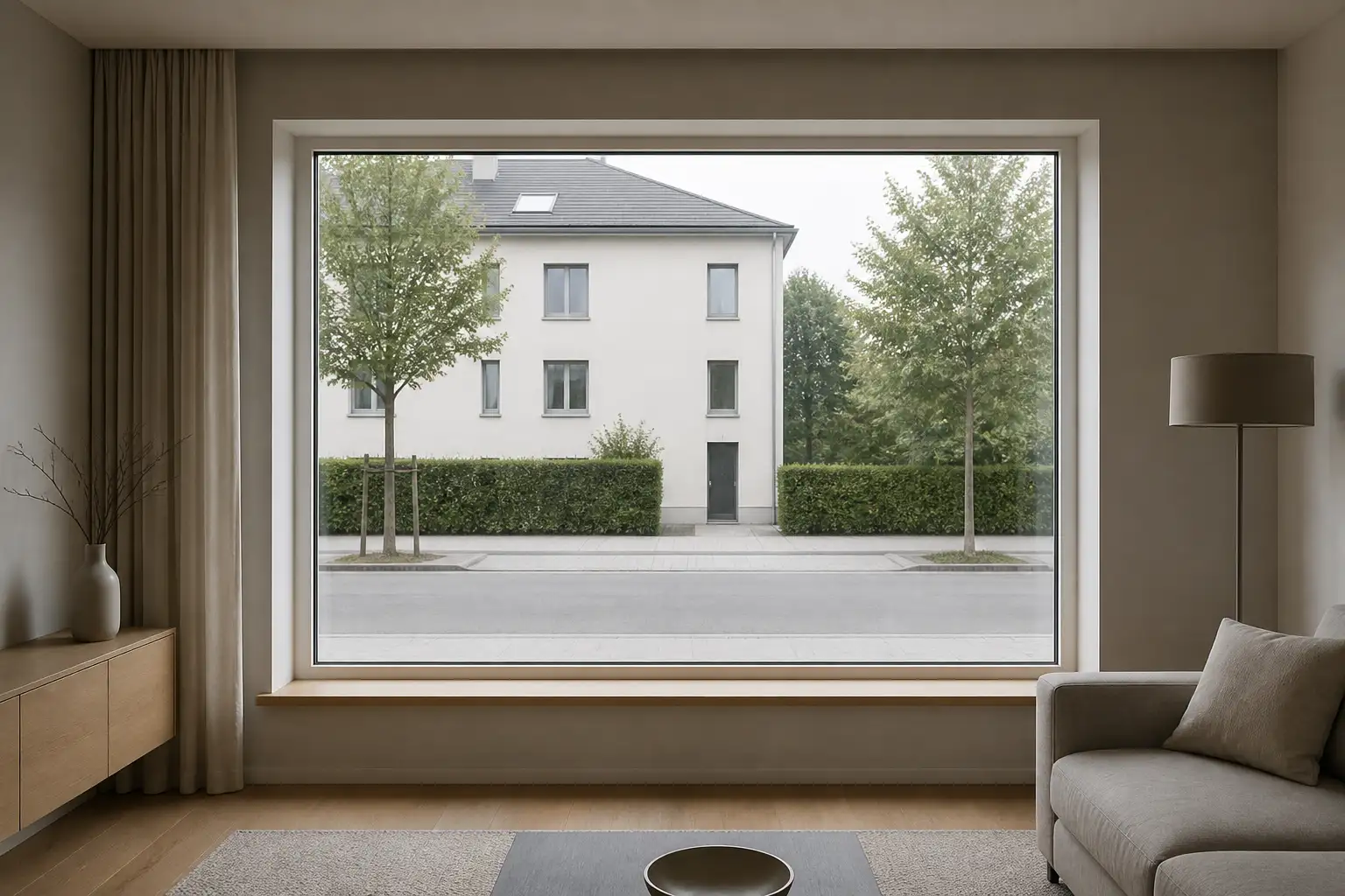 Erdgeschossfenster mit klarem Glas, Blick von innen auf eine Wohnstraße und das gegenüberliegende Haus