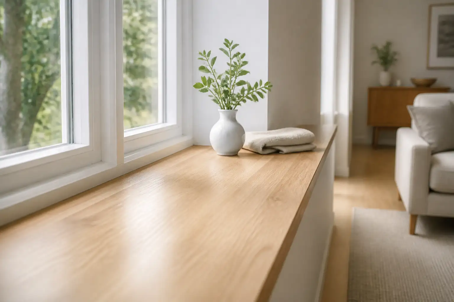 Fensterbank in heller Holzoptik foliert, daneben eine weiße Vase in einem hellen Wohnzimmer