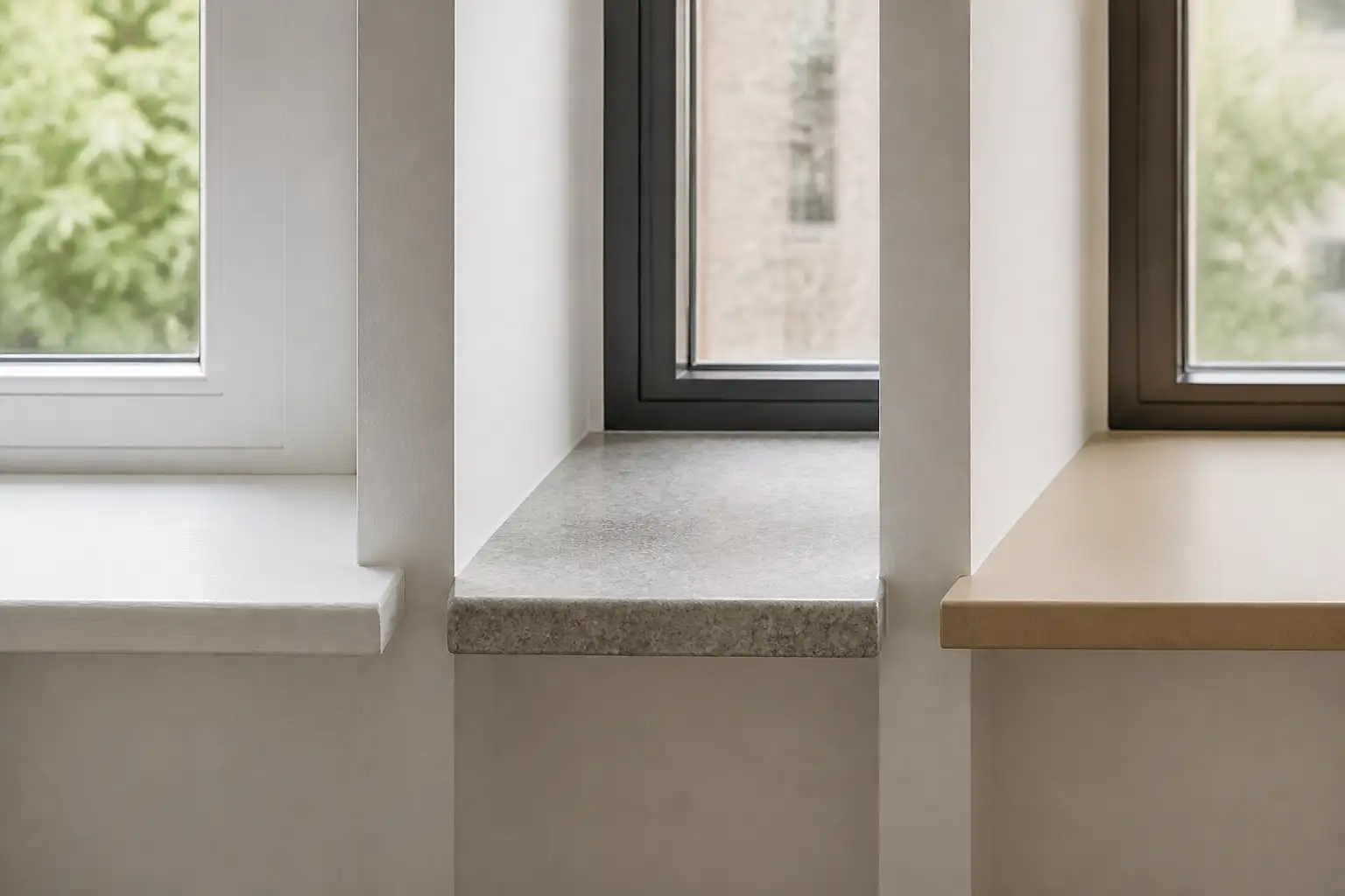 Drei Fensterbänke nebeneinander als Untergrund: lackiertes Weiß, heller Naturstein und beschichtetes Holz