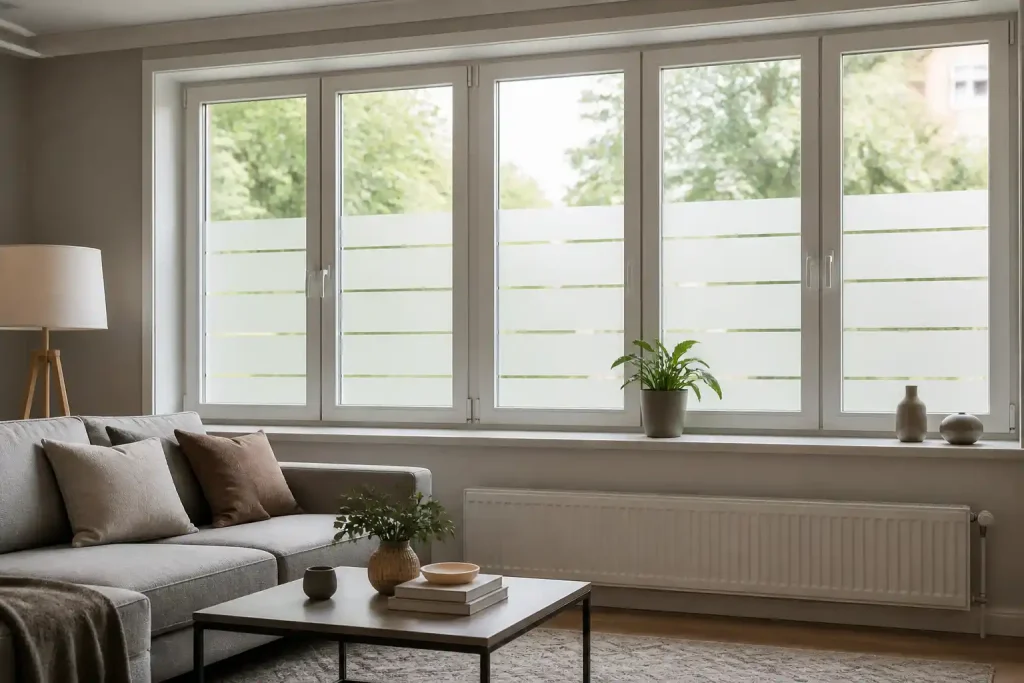 Wohnzimmerfenster mit sauber verklebter Milchglas-Streifenfolie auf freiem Glas