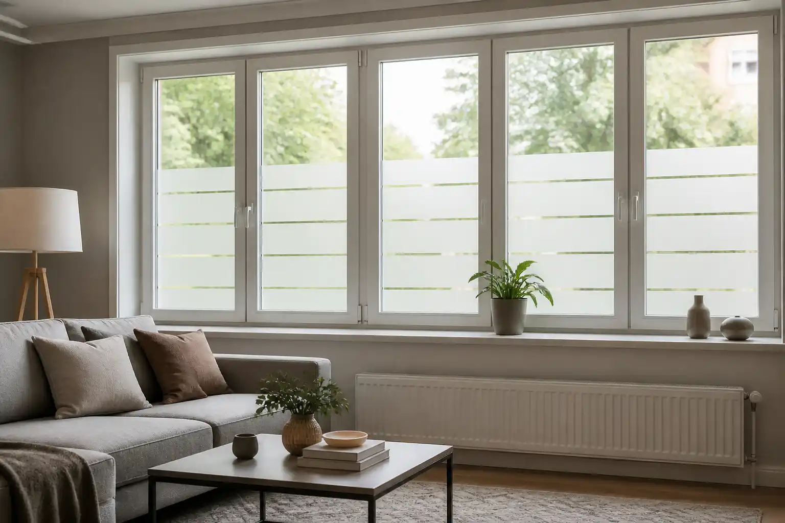 Wohnzimmerfenster mit sauber verklebter Milchglas-Streifenfolie auf freiem Glas