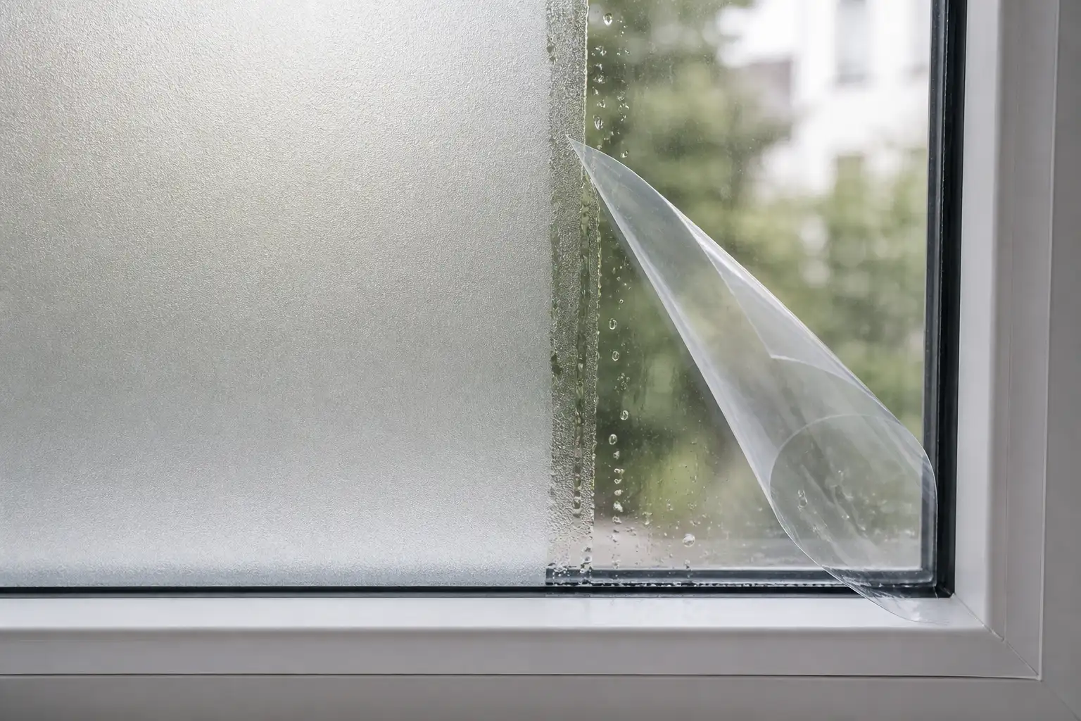 Nahaufnahme einer Fensterscheibe während der Montage: Links liegt die Milchglasfolie bereits glatt auf dem Glas, rechts ist die klare Trägerfolie zurückgezogen und rollt sich ein. Auf der noch freien Scheibe stehen Wassertropfen, dahinter unscharf Bäume und eine Hausfassade.