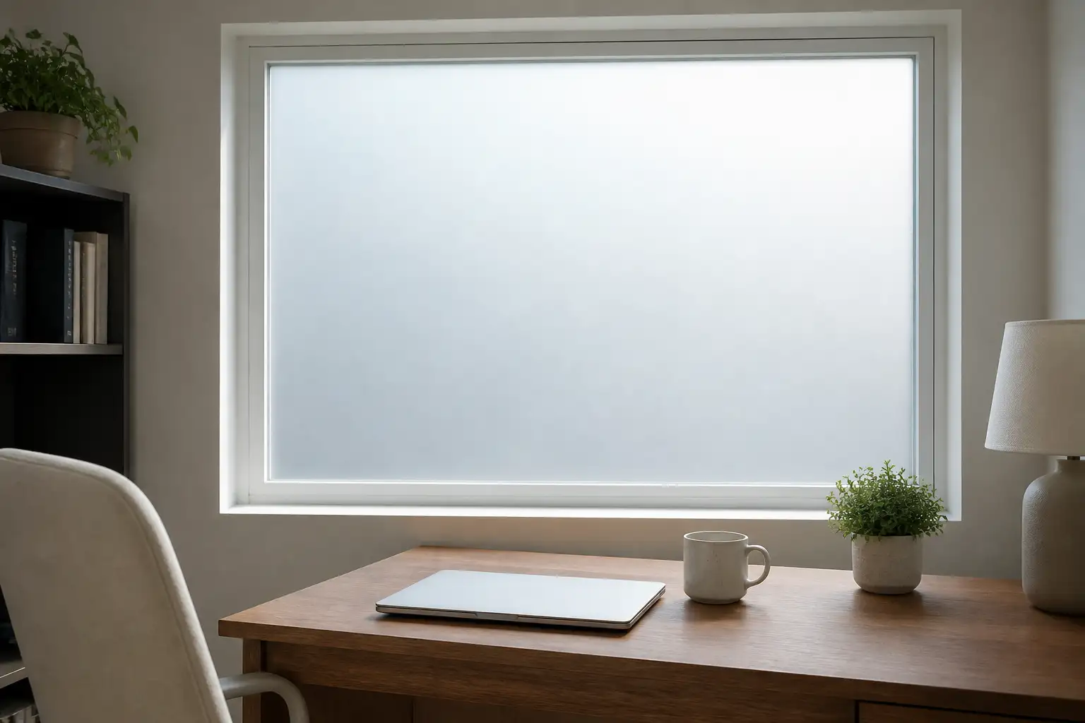Homeoffice-Fenster mit gleichmäßig und blasenfrei verklebter Milchglasfolie