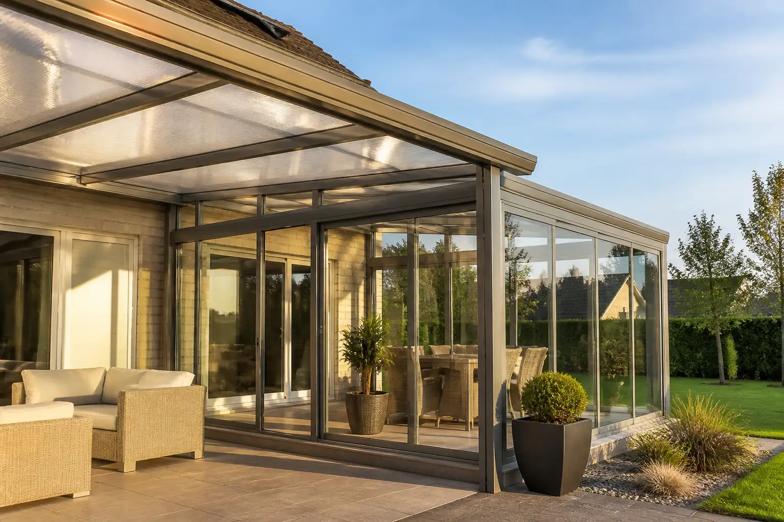Wintergarten und Terrassenüberdachung mit Doppelstegplatten aus Polycarbonat und klaren Acrylglasfeldern im Nachmittagslicht