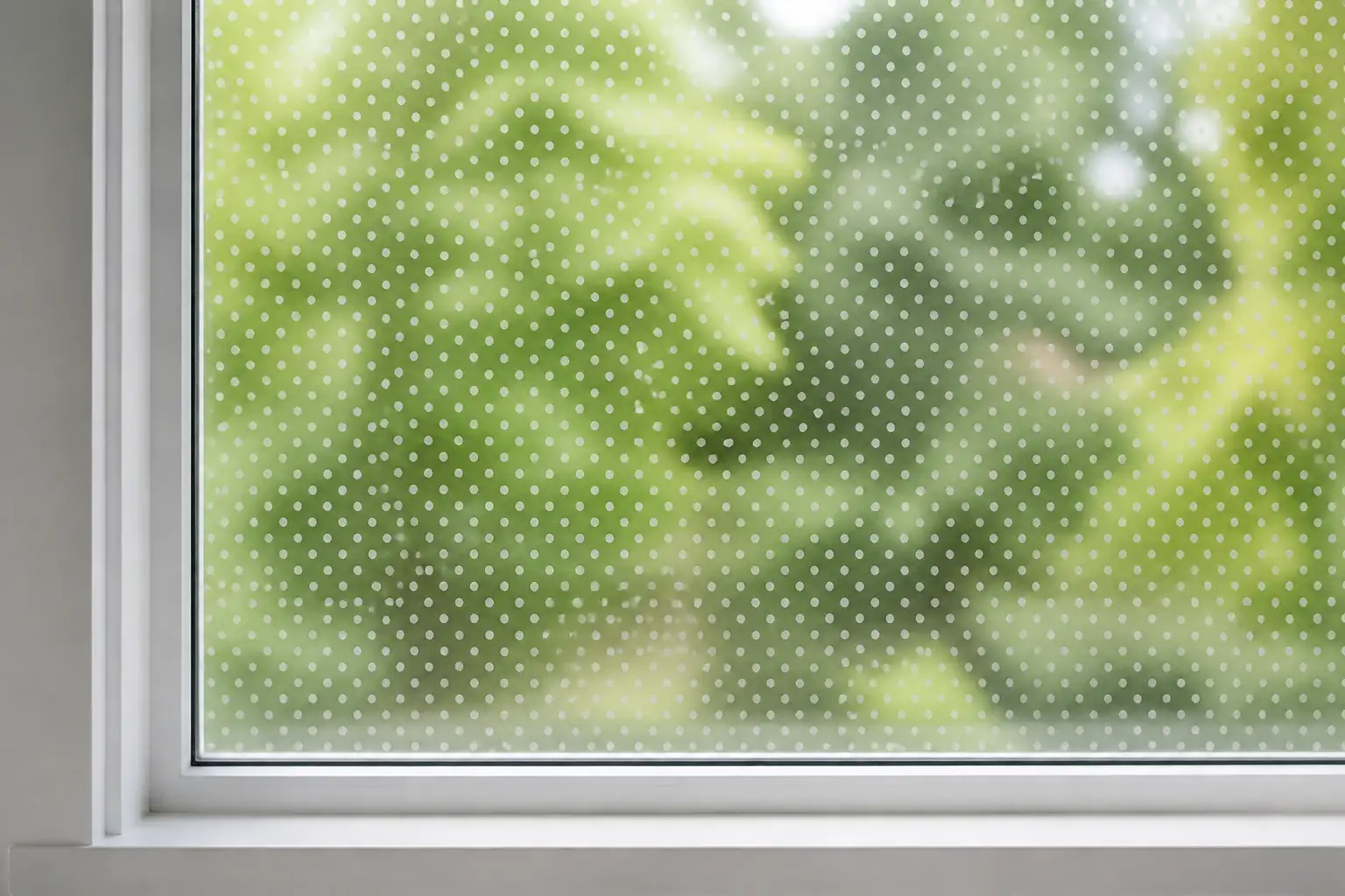 Fensterscheibe mit fertig verklebter weißer Punktmusterfolie, dahinter unscharf grüne Gartenbepflanzung
