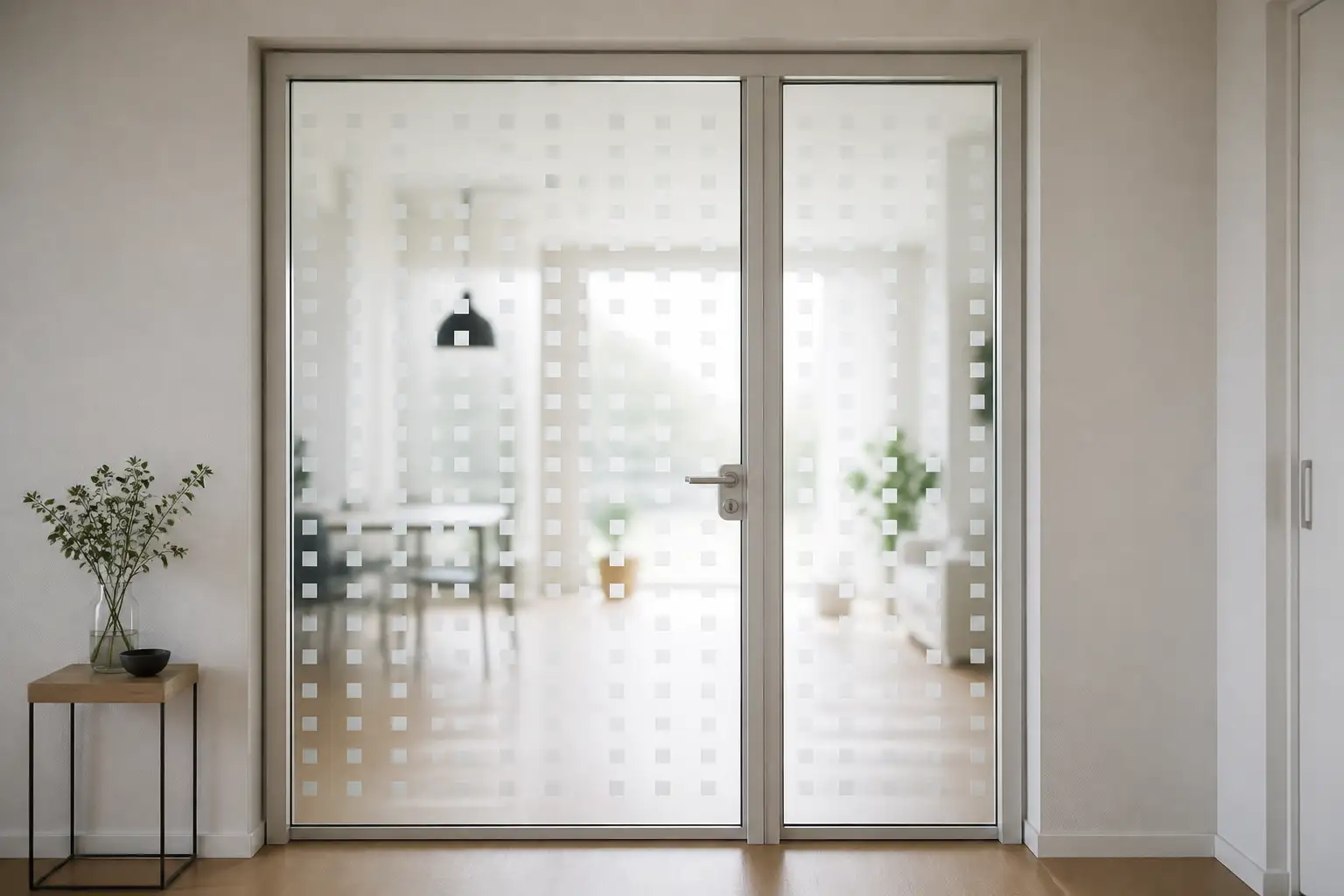 Glastür mit fertig verklebter weißer Quadrat-Dekorfolie, dahinter schemenhaft ein heller Wohnraum