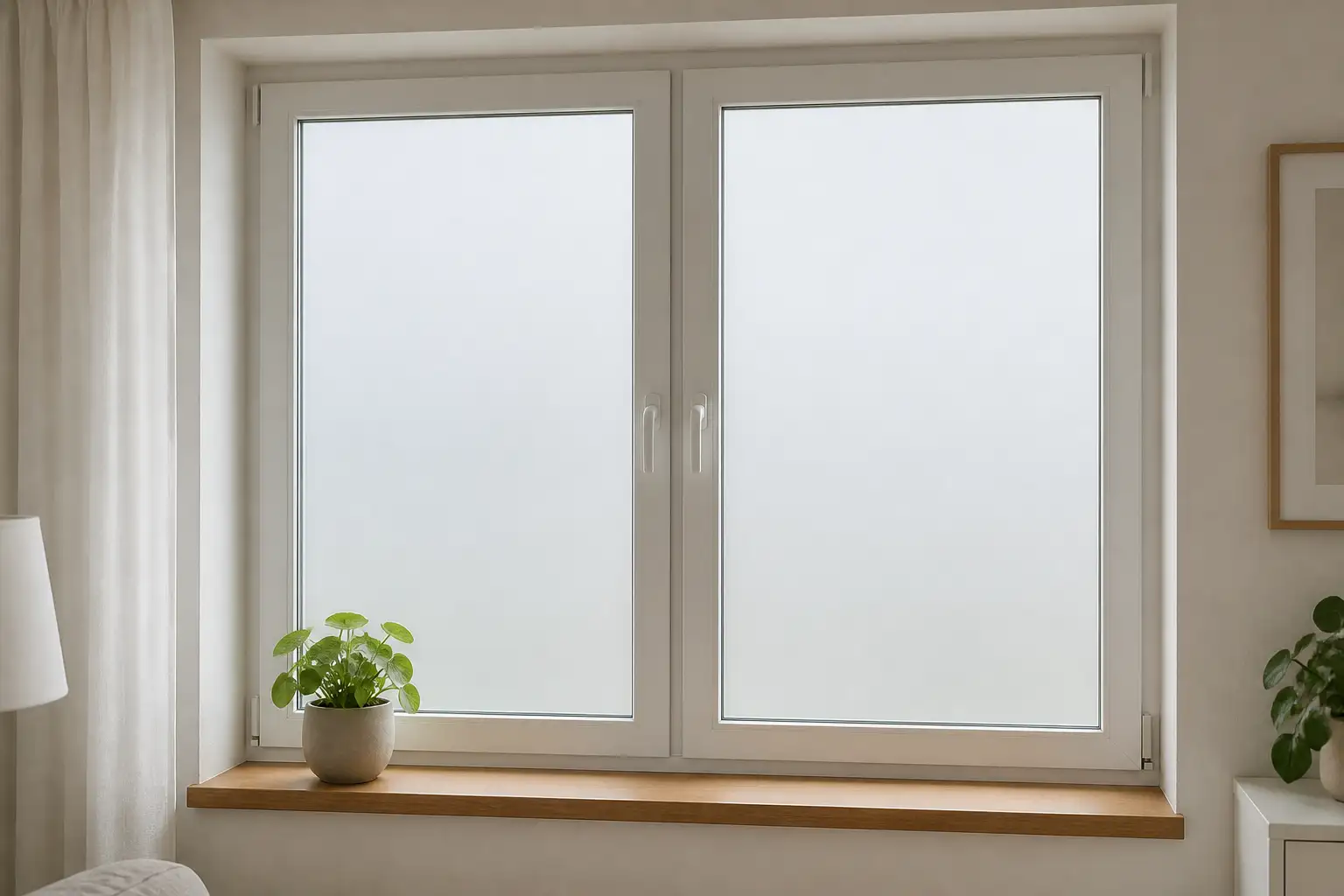 Zweiflügeliges weißes Fenster im Wohnraum mit vollflächig verklebter Milchglasfolie, die Folienränder laufen parallel zum Rahmen