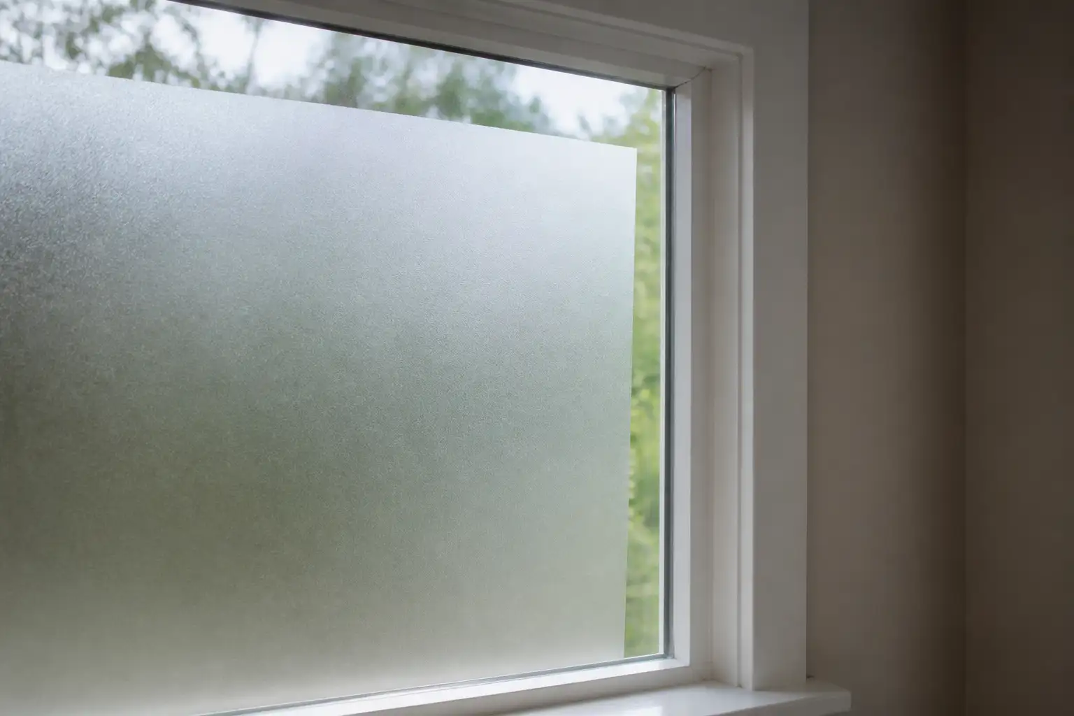 Fensterscheibe mit Milchglasfolie, deren rechte Kante sichtbar schräg zum weißen Rahmen verläuft, sodass der Spalt nach unten hin breiter wird