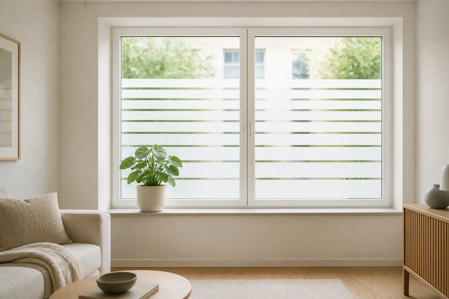 Wohnzimmerfenster mit waagerechter weißer Balkenmusterfolie, unten blickdicht, oben freie Sicht ins Grüne