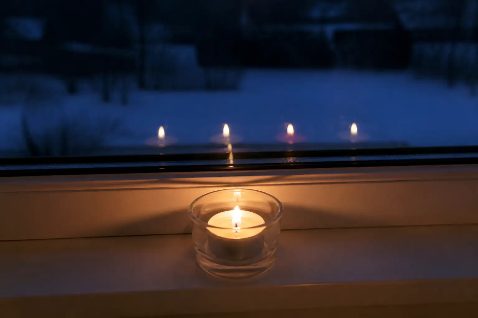 Teelicht auf der Fensterbank vor einer Zweifachverglasung, in der Scheibe vier gespiegelte Flammen, eine davon rötlicher als die anderen