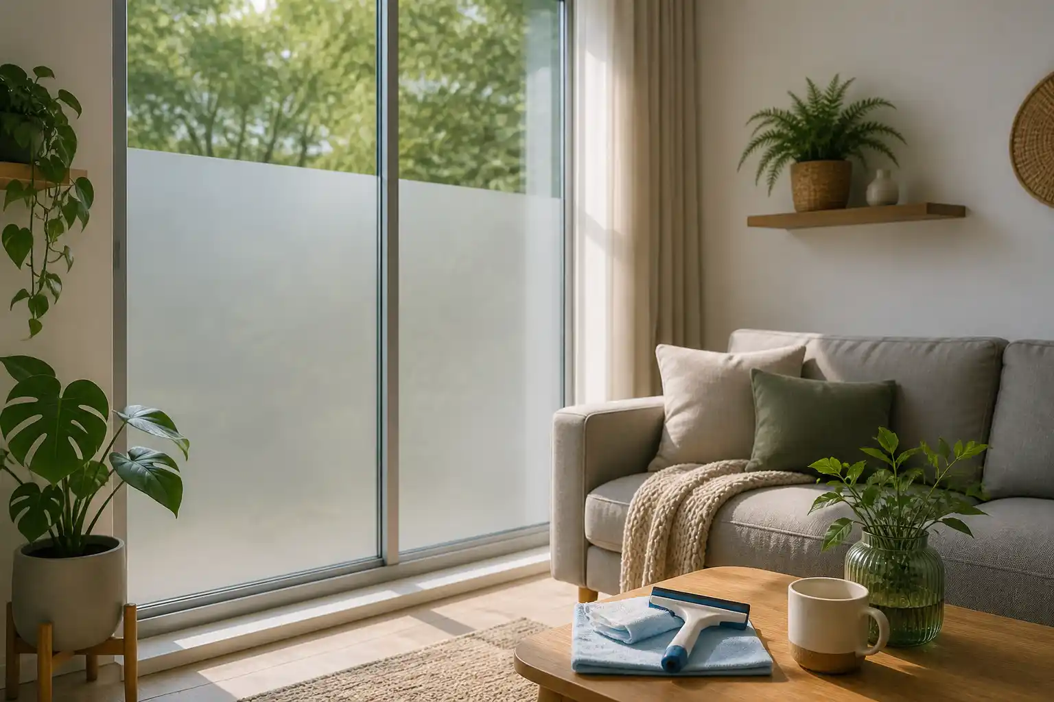 Glasschiebetür im Wohnzimmer, im unteren Teil mit Milchglasfolie beklebt; auf dem Couchtisch liegen ein Fensterwischer und ein Tuch