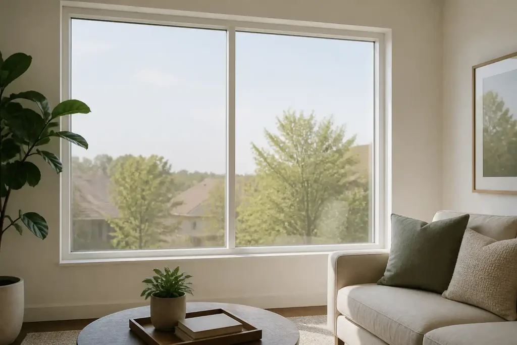 Wohnzimmer mit großem, zweiflügeligem Fenster aus klarem Glas, davor Sofa, Couchtisch und Zimmerpflanze