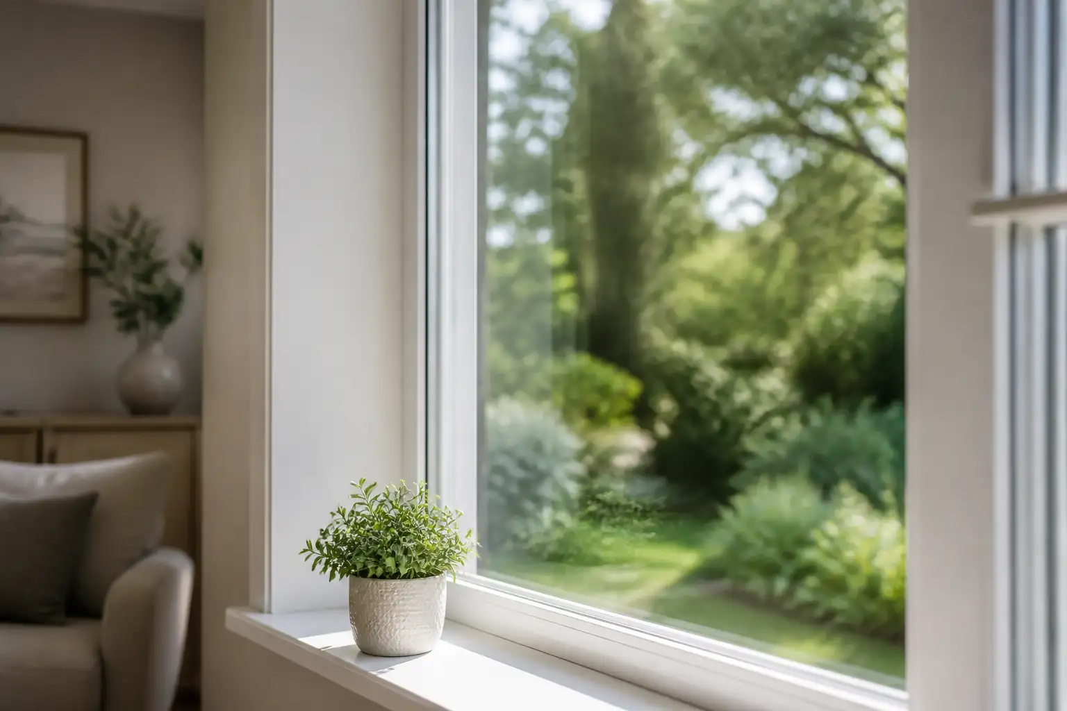 Klare, saubere Fensterscheibe im weißen Rahmen, dahinter ein grüner Garten, auf der Fensterbank eine kleine Topfpflanze