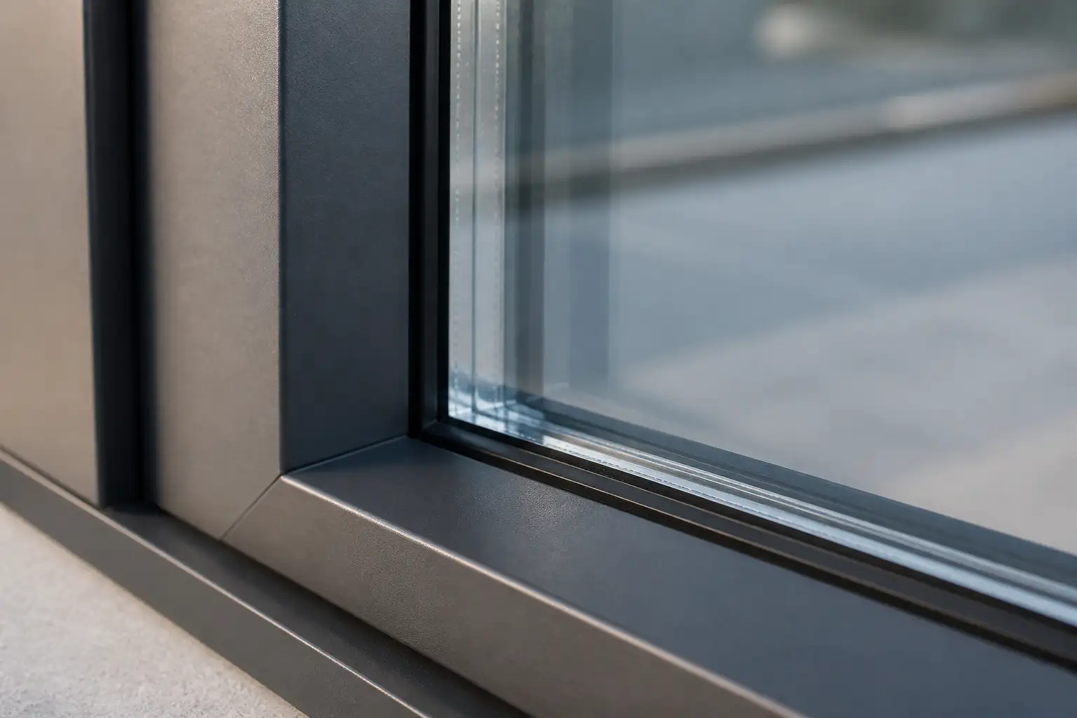 Nahaufnahme der Ecke eines modernen Fensters von außen mit Glaskante, Rahmenfalz und dem Abstandhalter zwischen den beiden Scheiben