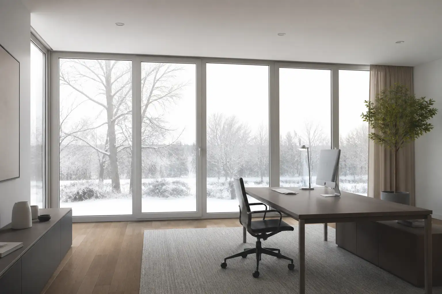 Heller Büroraum mit raumhoher Fensterfront, dahinter eine verschneite Winterlandschaft