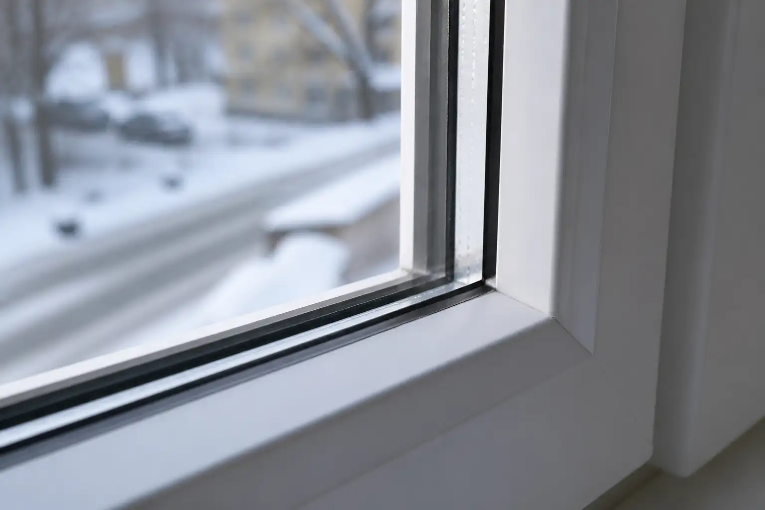 Nahaufnahme von Glaskante, Dichtung und Rahmenfalz eines weißen Kunststofffensters, draußen Schnee
